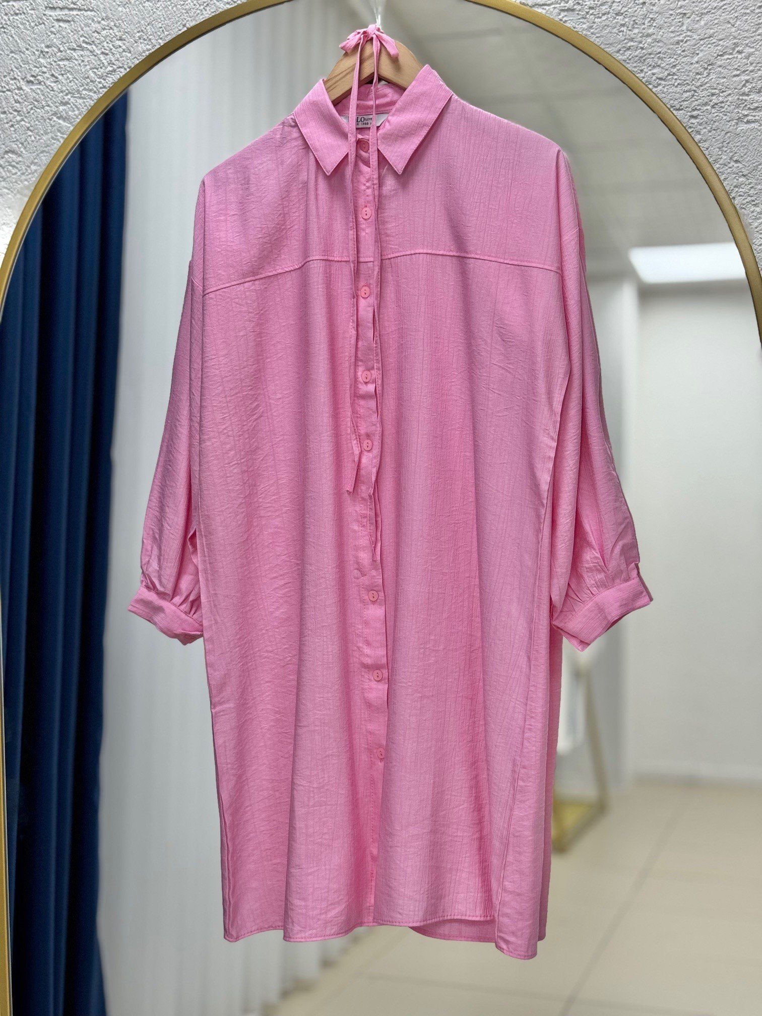 Marira Büzgülü Bağcıklı Uzun Çilek Gömlek-PE262 Pembe