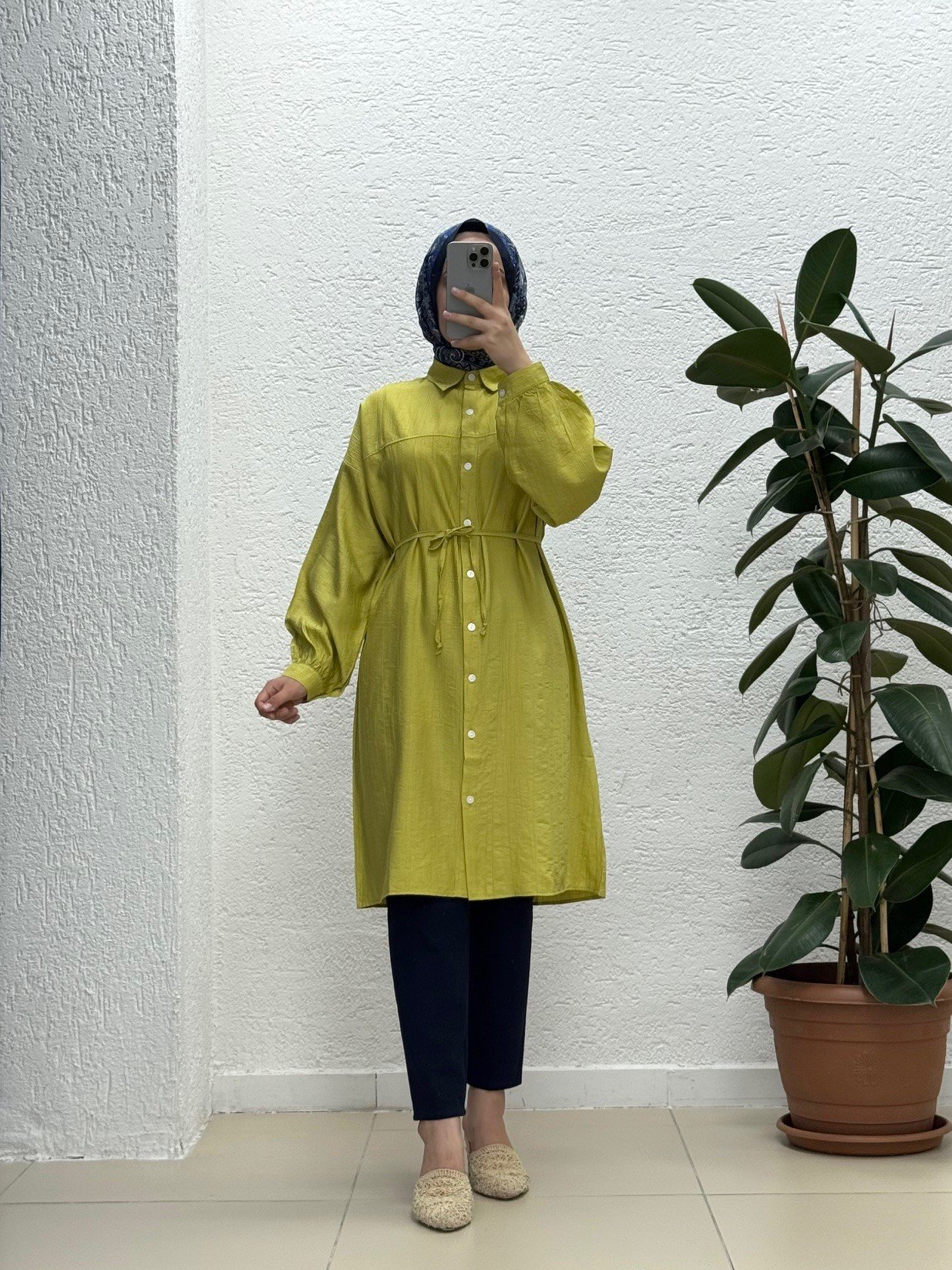 Marira Büzgülü Bağcıklı Uzun Çilek Gömlek-PE262 Yağ Yeşili