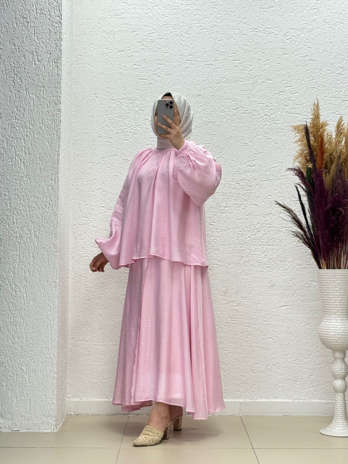 Marita Çift Etekli Keten Vual Takım-MF1802 Pembe