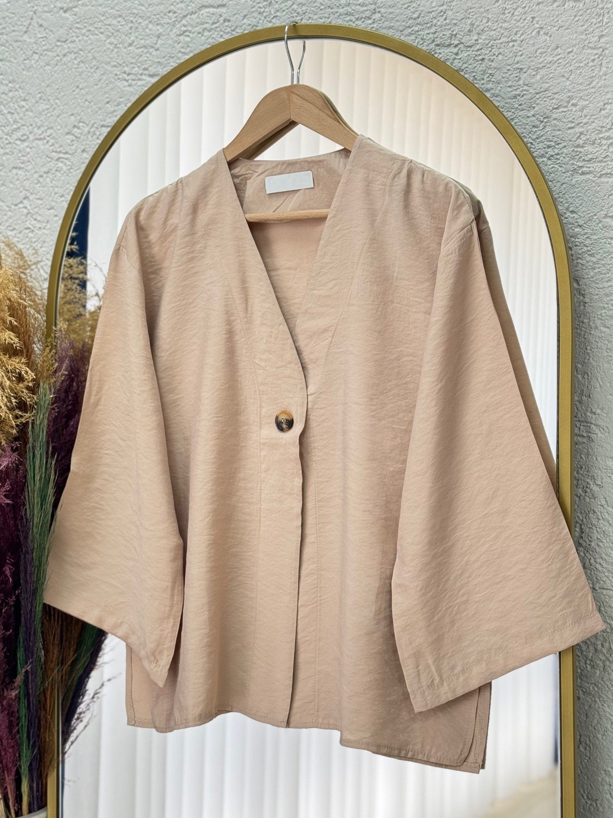 Marola Yırtmaçlı Tek Düğmeli Geniş Kol Ceket-MF215 Bej