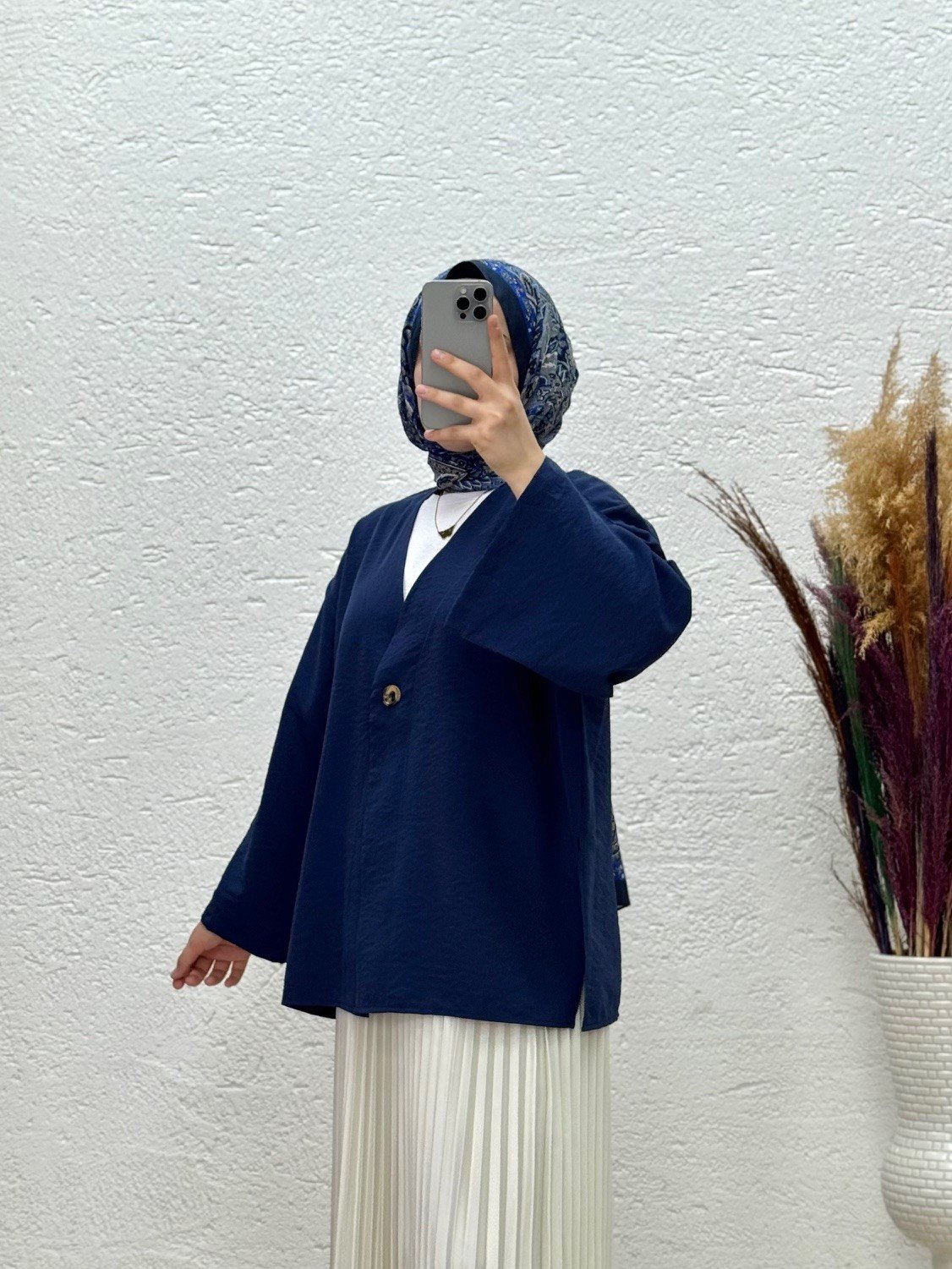 Marola Yırtmaçlı Tek Düğmeli Geniş Kol Ceket-MF215 Lacivert