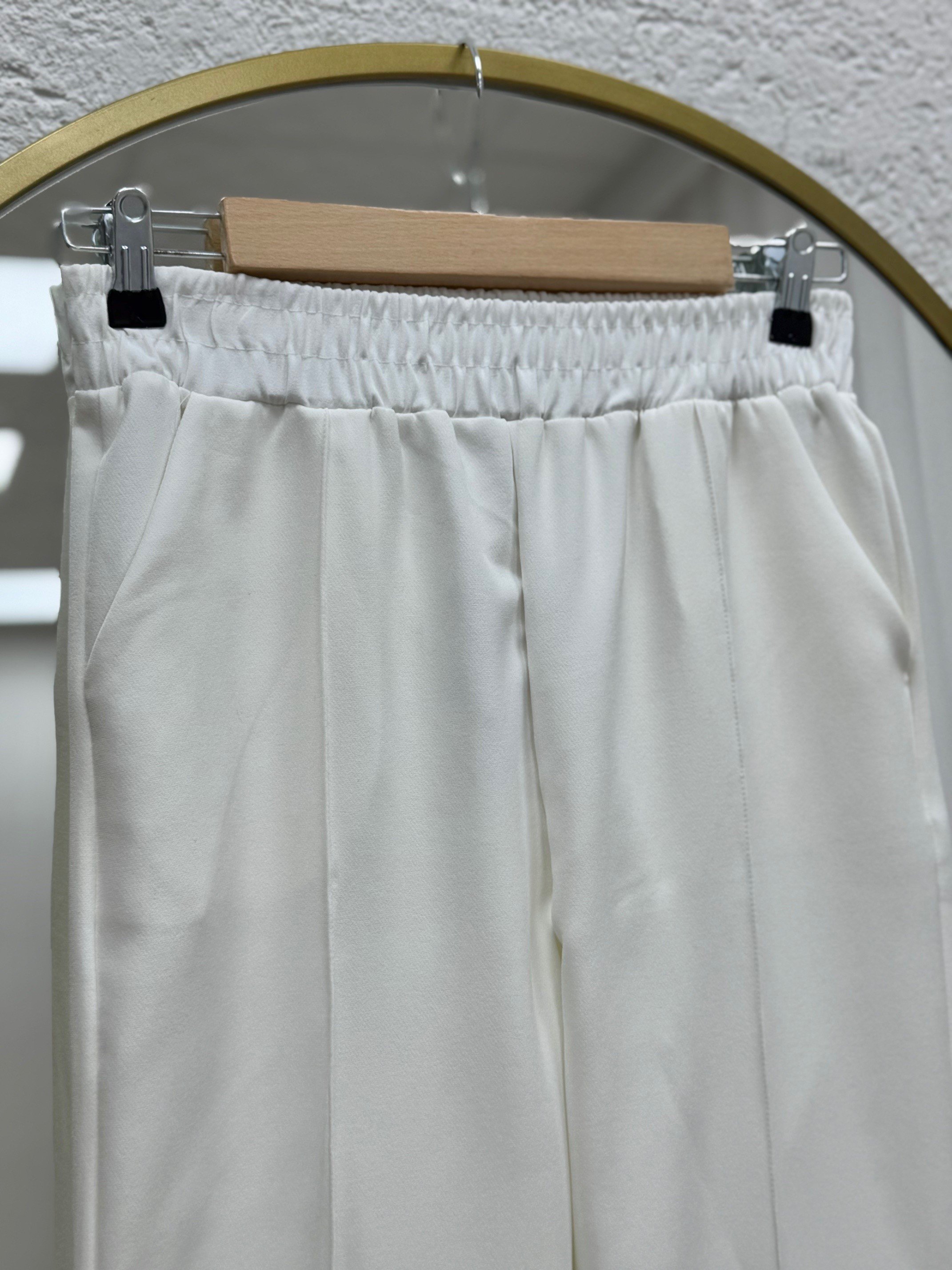 Melena Yandan Çımalı İspanyol Paça Pantolon-Çİ514 Beyaz