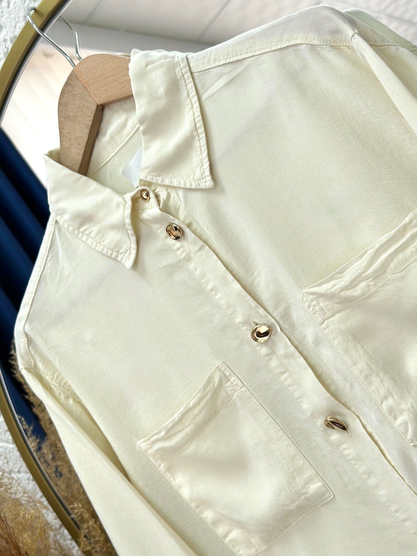 Melonia Gold Düğmeli Çift Cepli Keten Gömlek-XE609 Taş