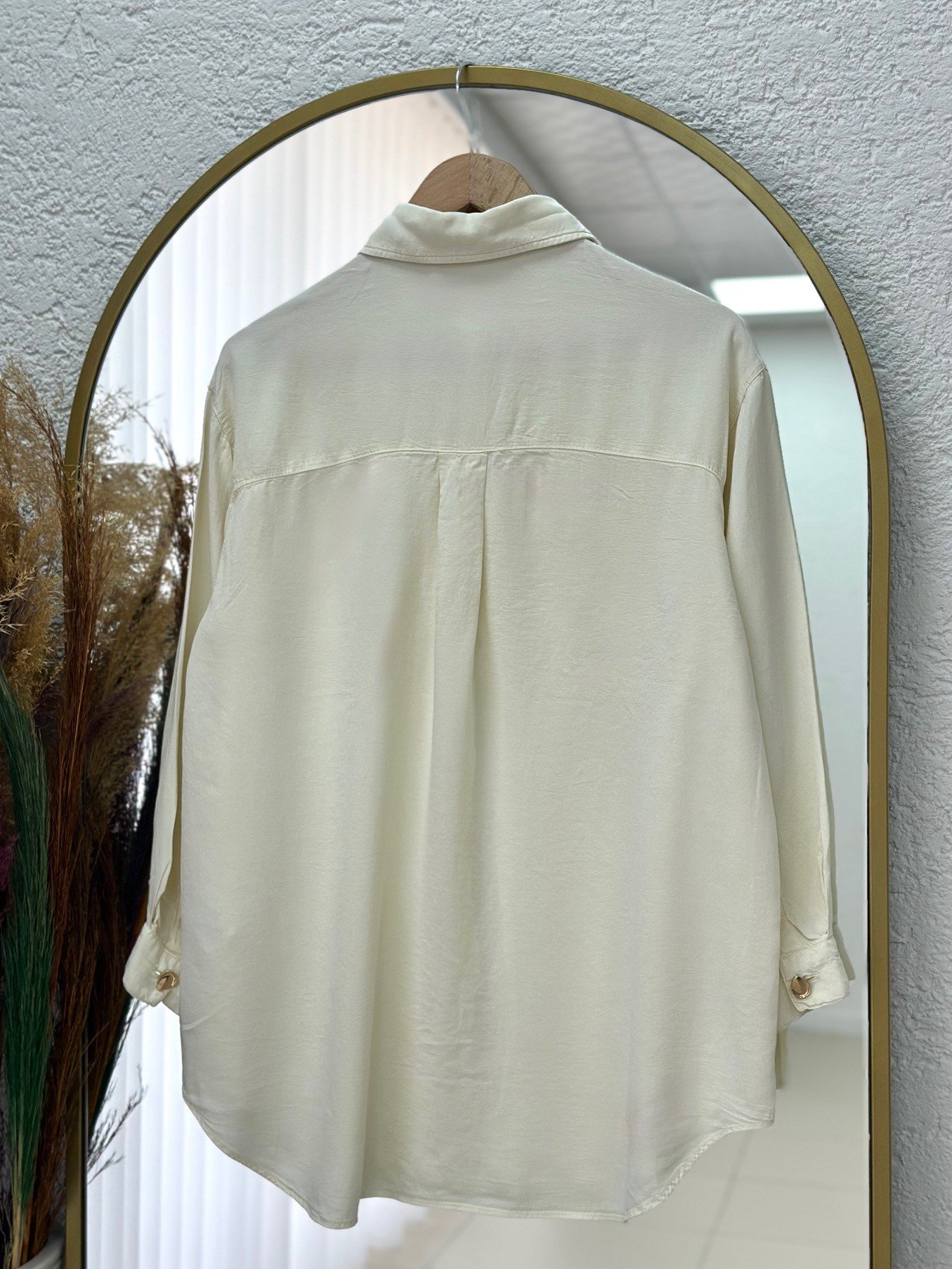 Melonia Gold Düğmeli Çift Cepli Keten Gömlek-XE609 Taş