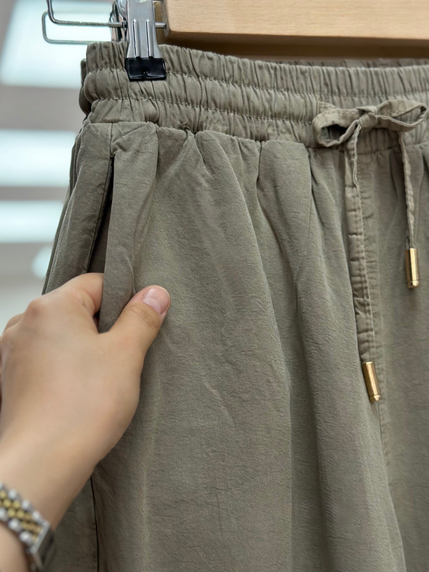 Melora Paça Detaylı Lastikli Keten Pantolon-XE700 Haki