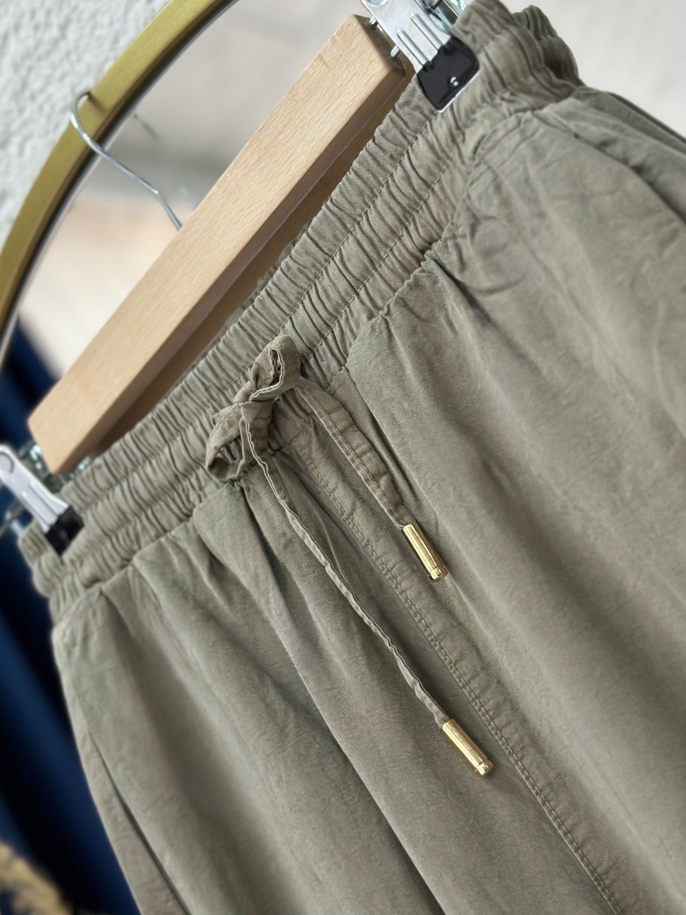 Melora Paça Detaylı Lastikli Keten Pantolon-XE700 Haki