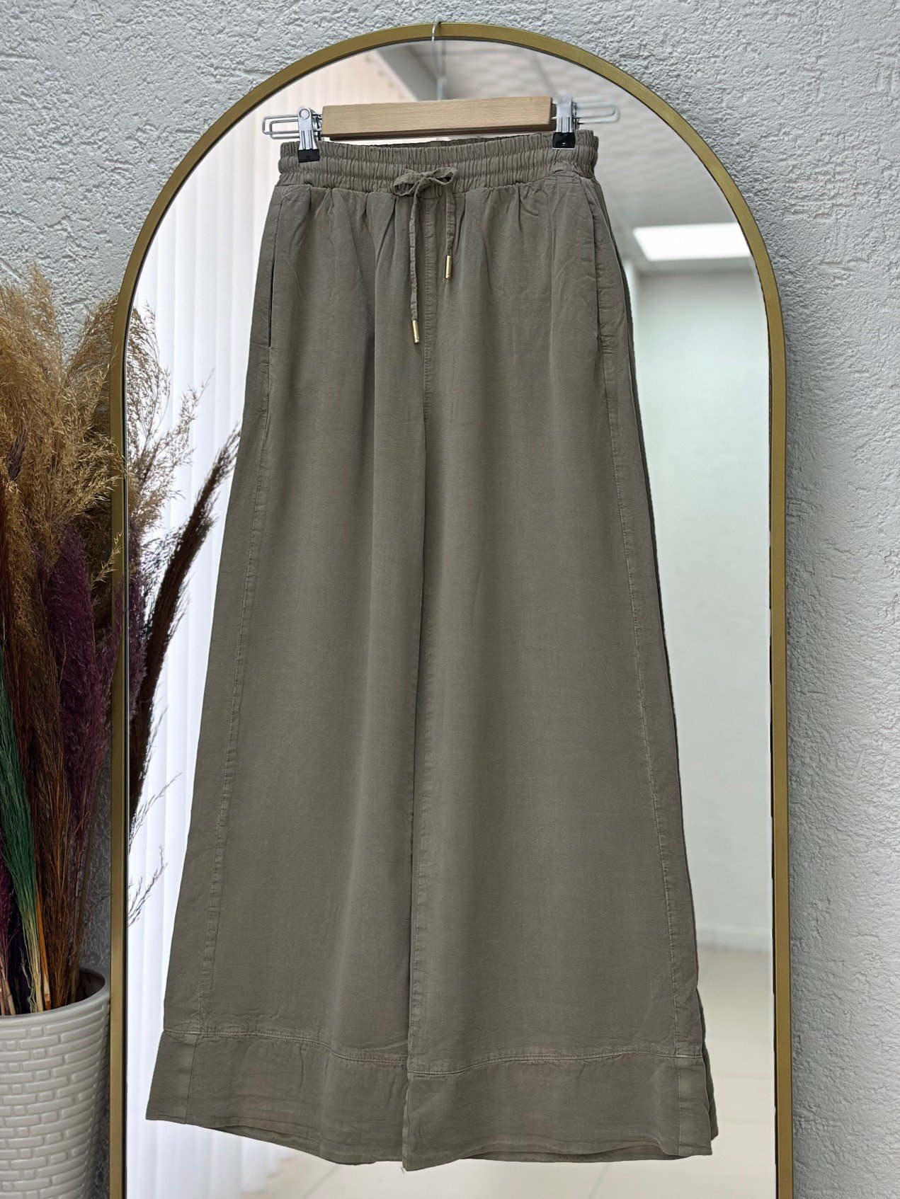 Melora Paça Detaylı Lastikli Keten Pantolon-XE700 Haki