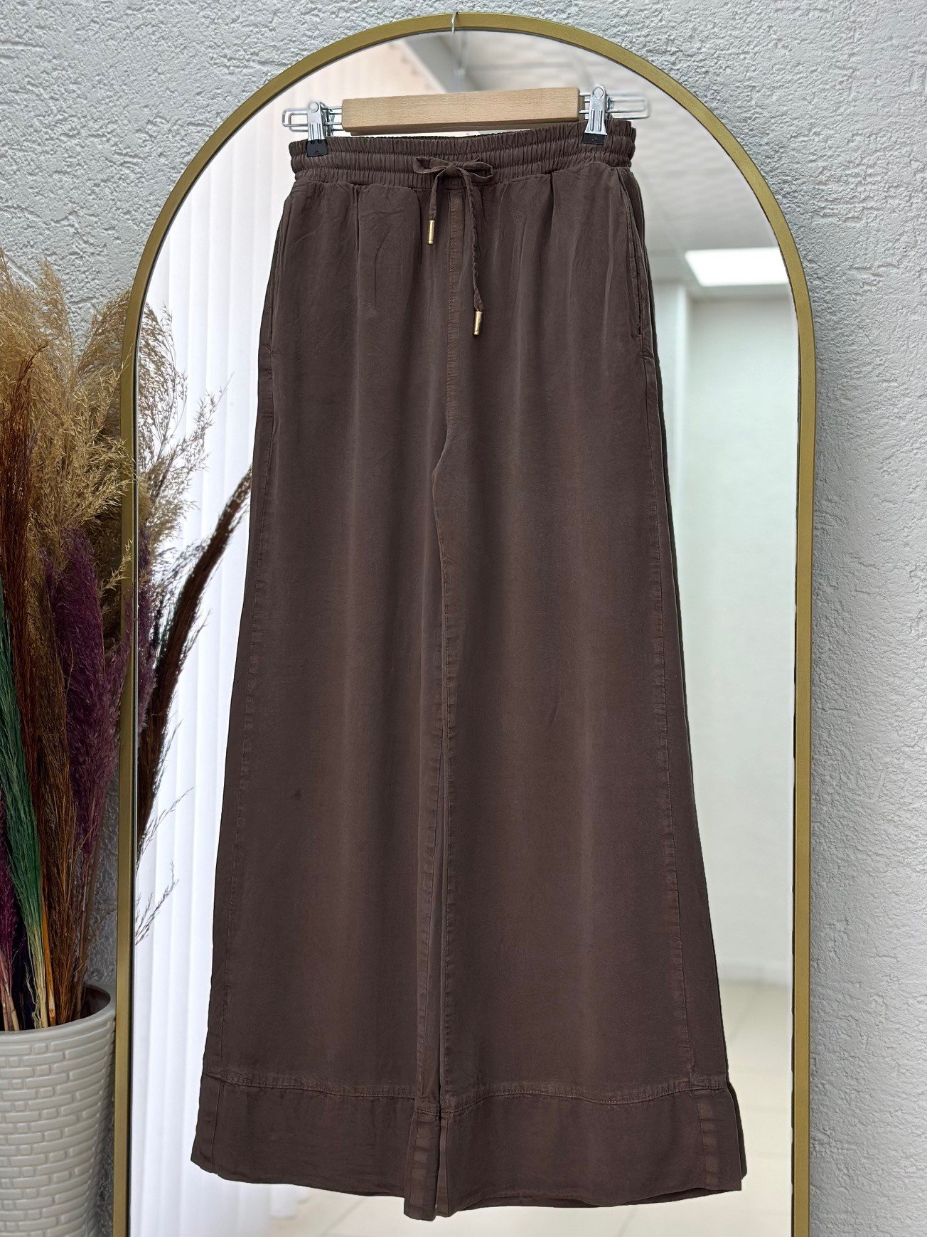 Melora Paça Detaylı Lastikli Keten Pantolon-XE700 Kahve