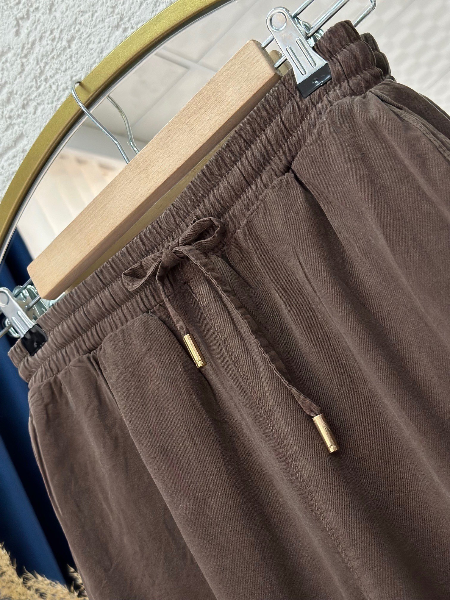 Melora Paça Detaylı Lastikli Keten Pantolon-XE700 Kahve