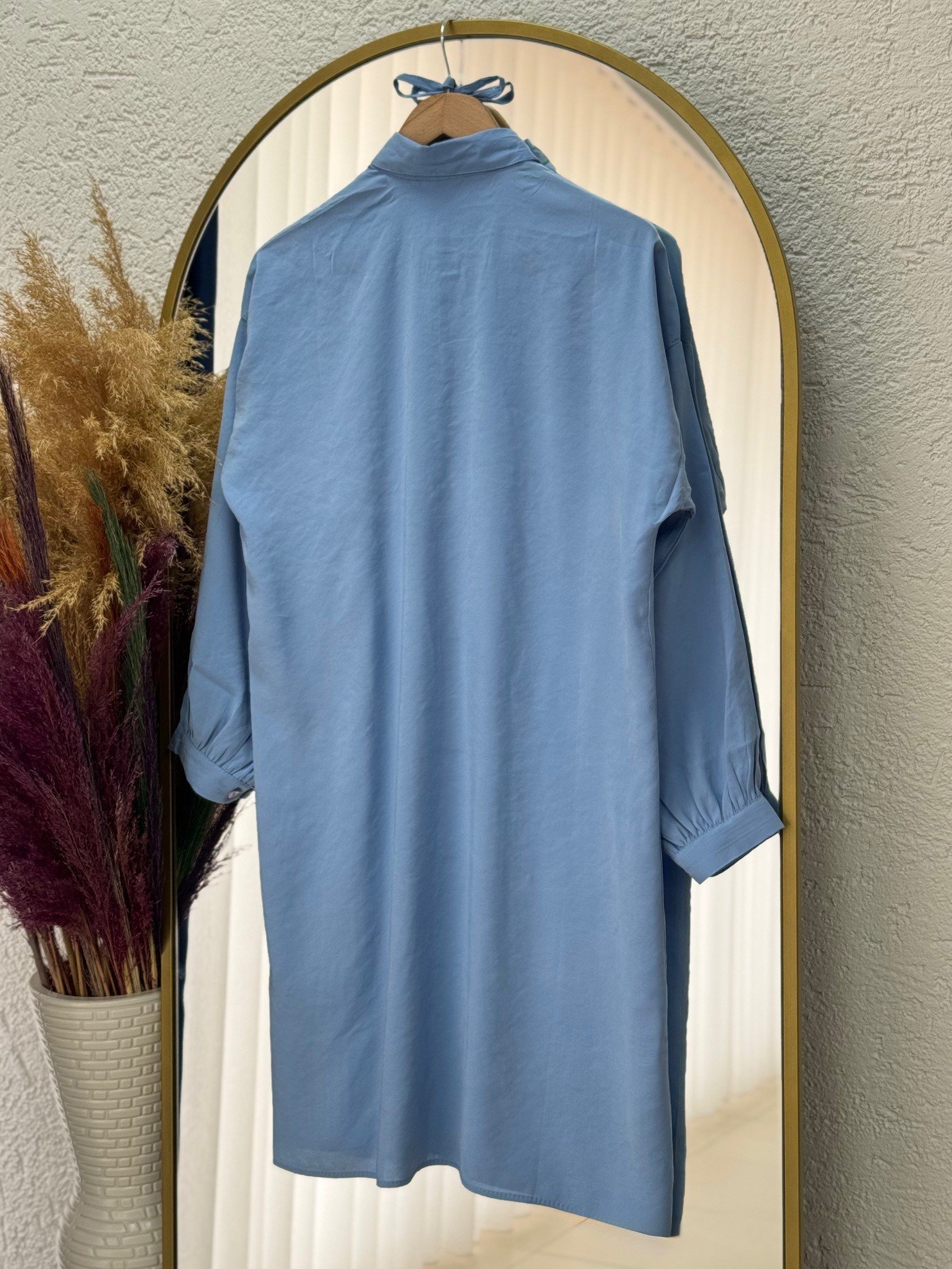 Miresia Bağcıklı Uzun Modal Gömlek-PE261 Mavi