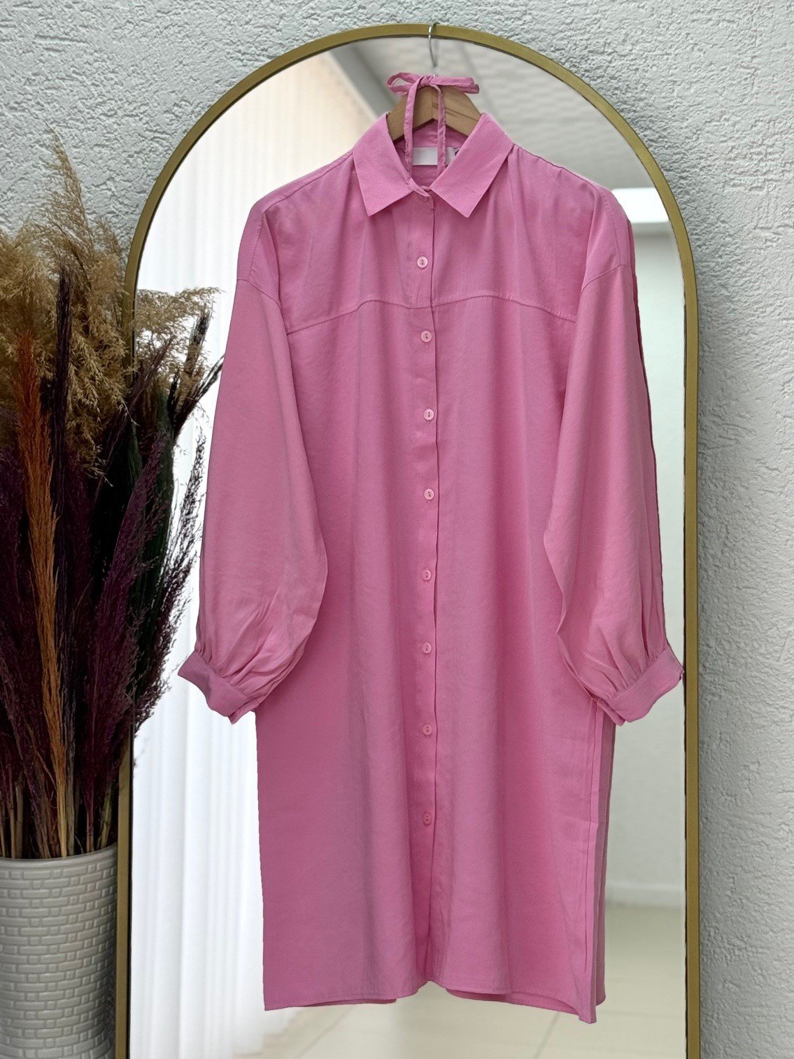 Miresia Bağcıklı Uzun Modal Gömlek-PE261 Pembe