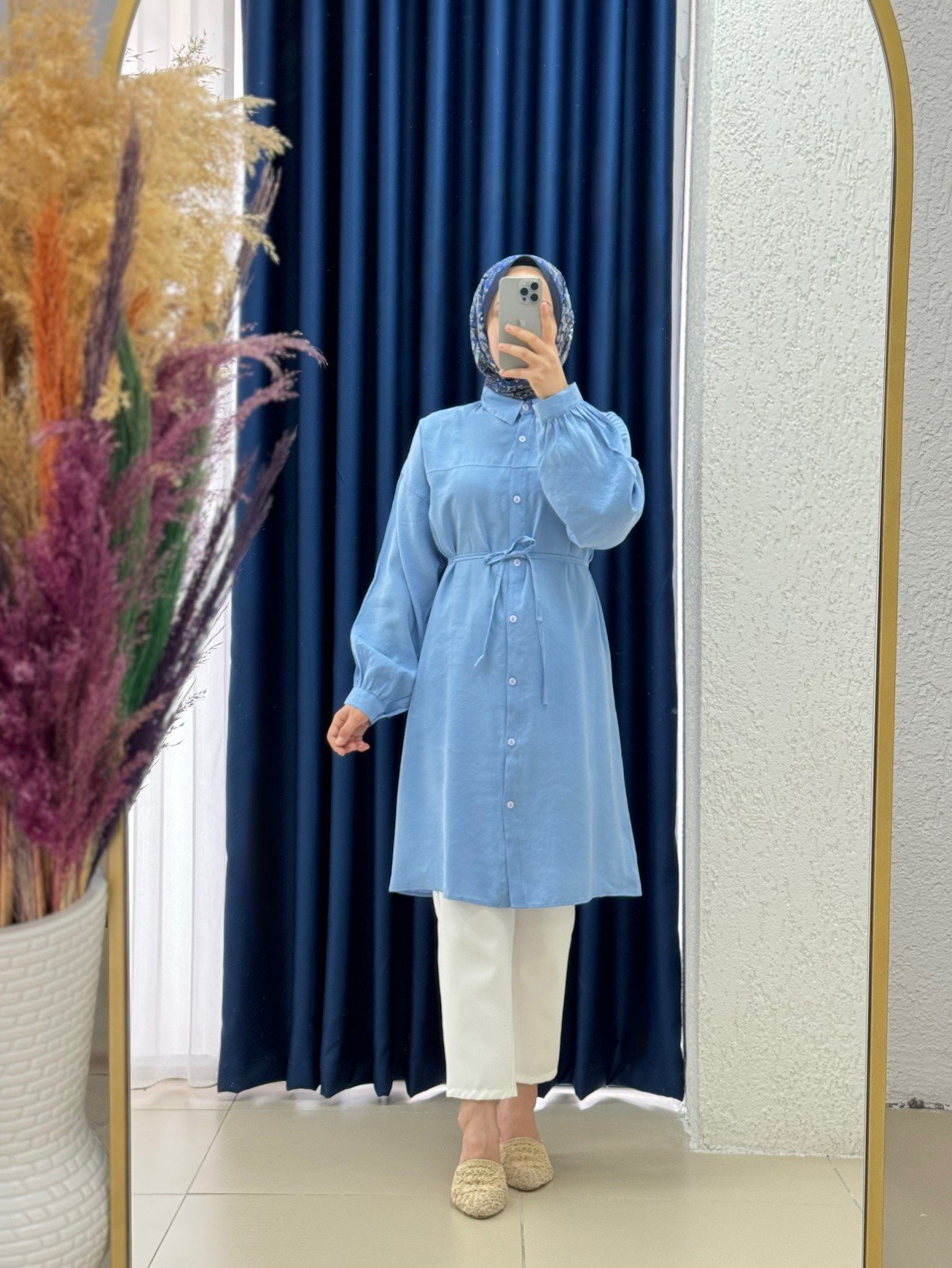 Miresia Bağcıklı Uzun Modal Gömlek-PE261 Mavi