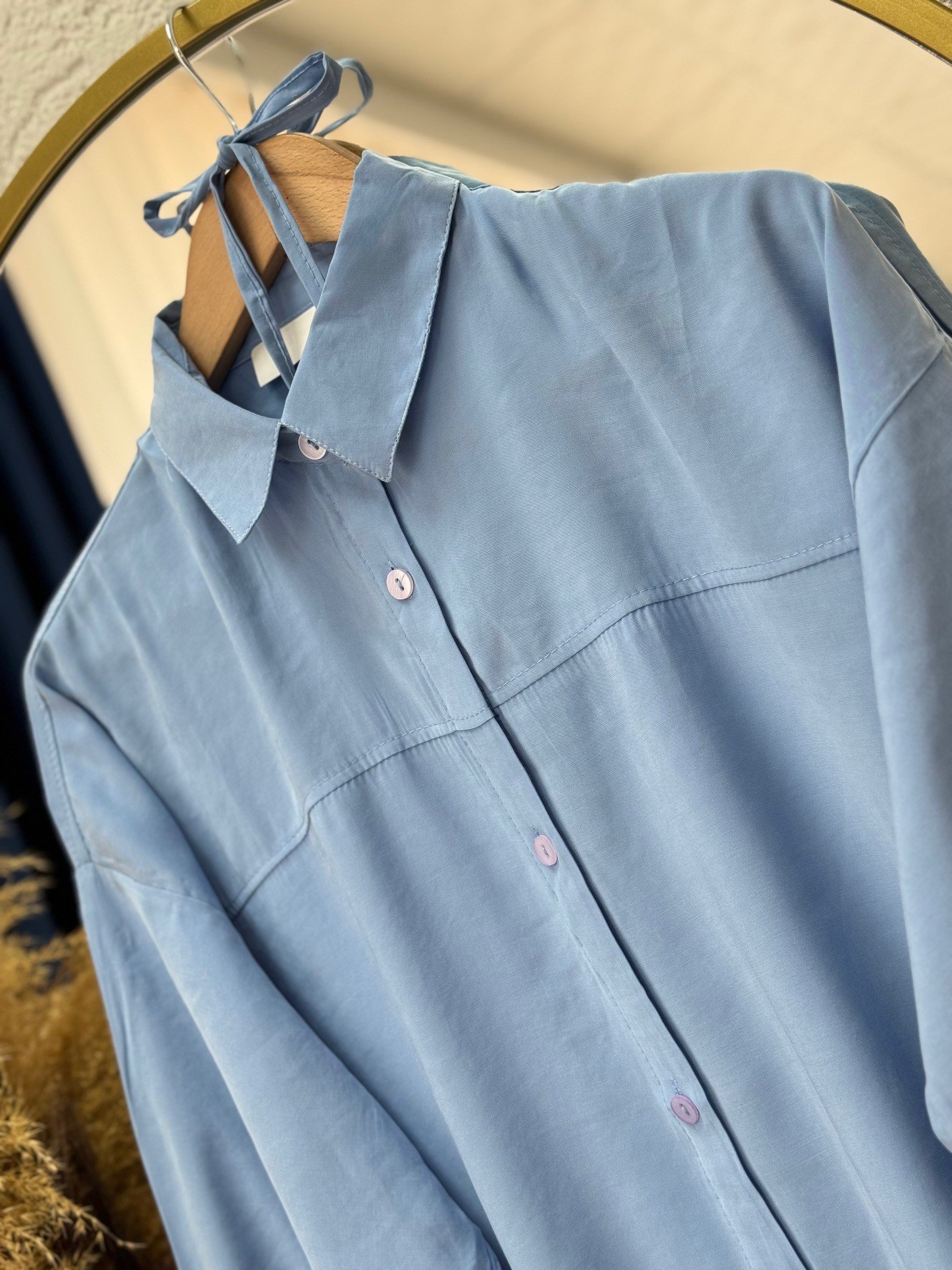 Miresia Bağcıklı Uzun Modal Gömlek-PE261 Mavi