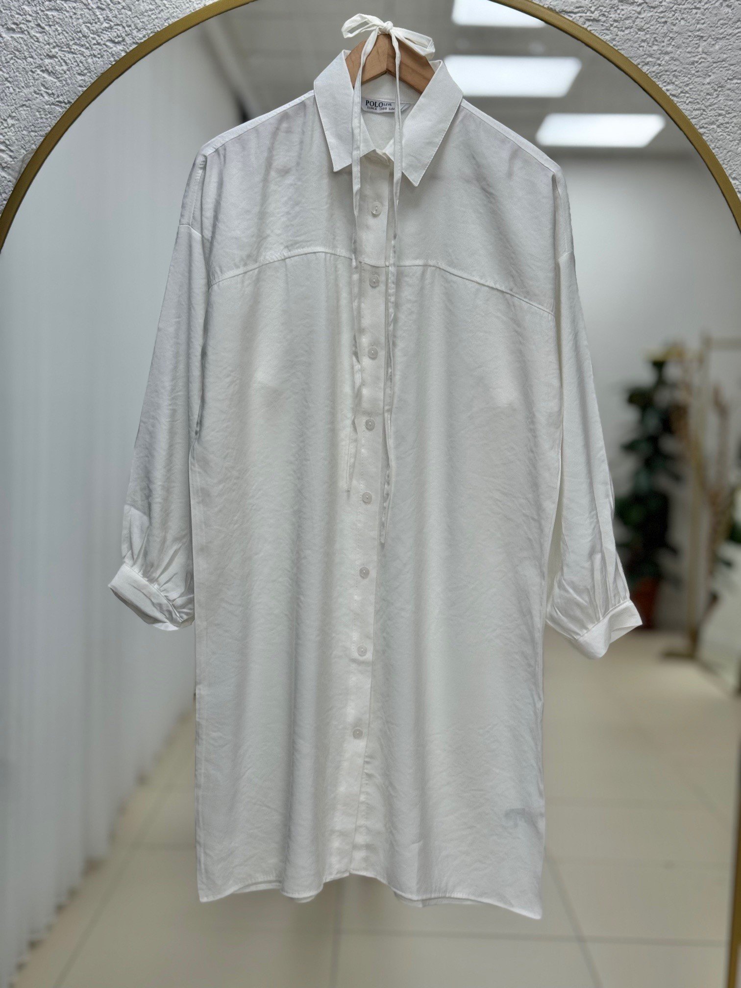 Miresia Bağcıklı Uzun Modal Gömlek-PE261 Beyaz