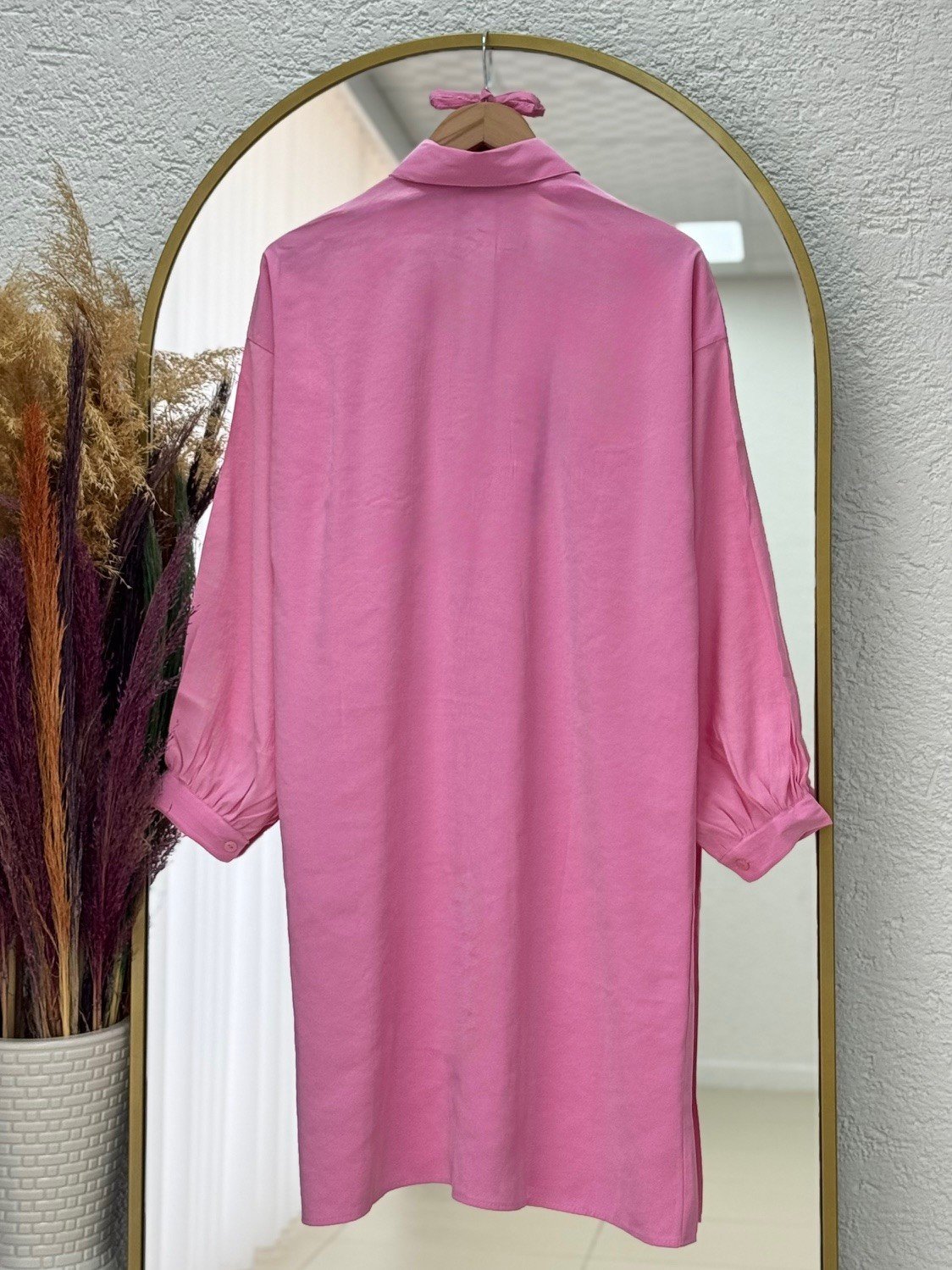 Miresia Bağcıklı Uzun Modal Gömlek-PE261 Pembe