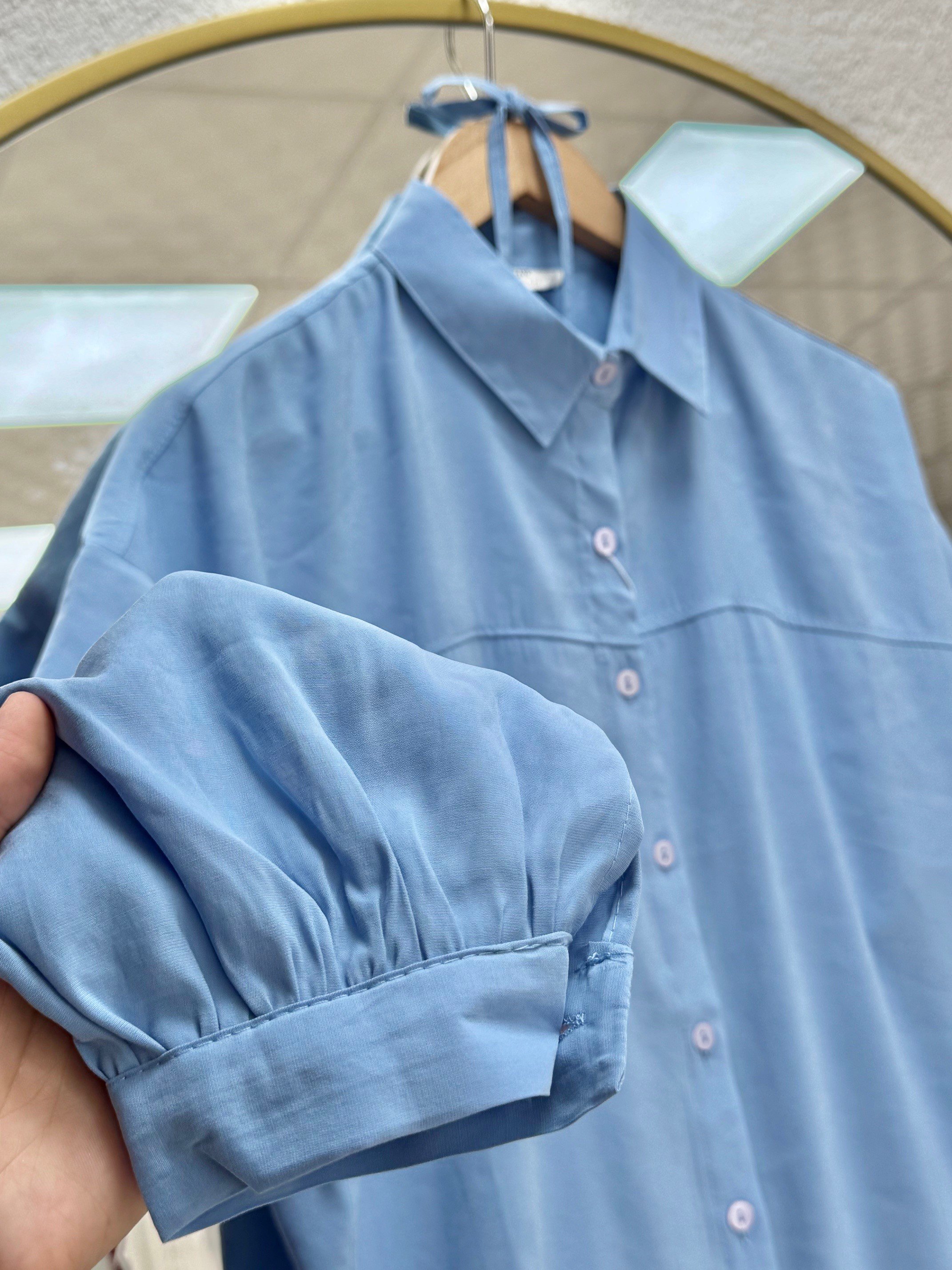 Miresia Bağcıklı Uzun Modal Gömlek-PE261 Bebe Mavisi