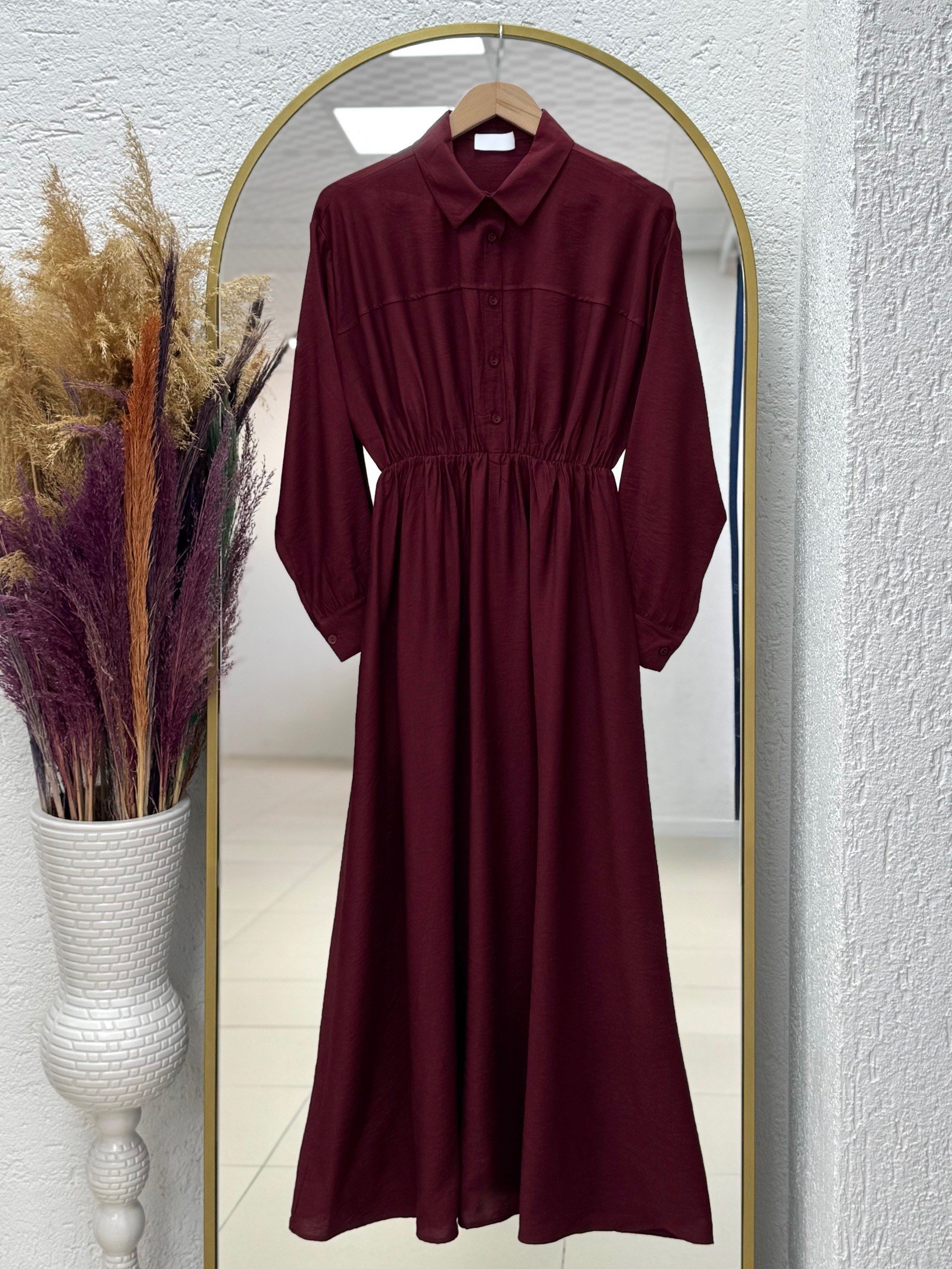 Mireva Yarım Patlı Beli Lastikli Elbise-AS4078 Bordo