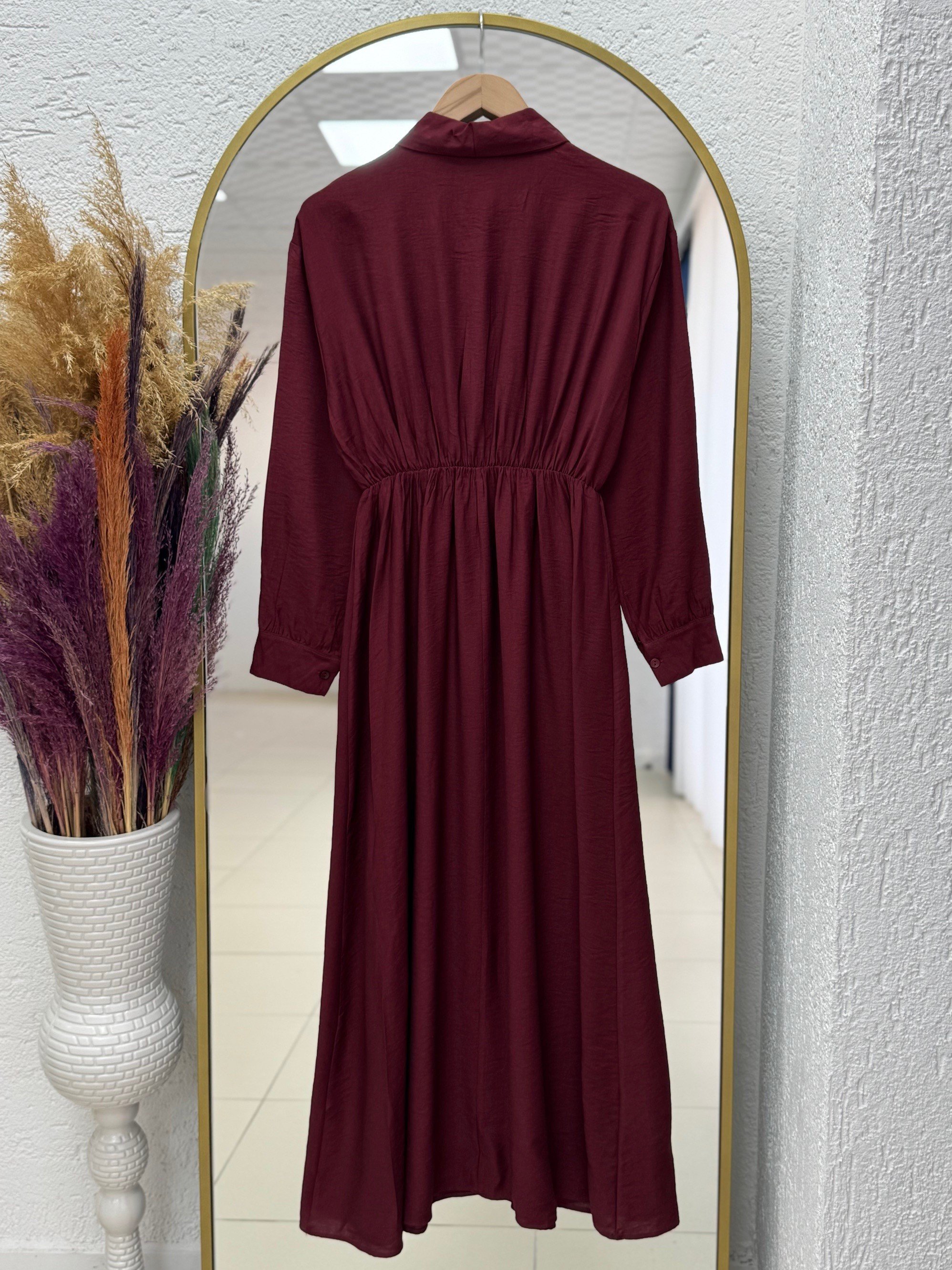 Mireva Yarım Patlı Beli Lastikli Elbise-AS4078 Bordo