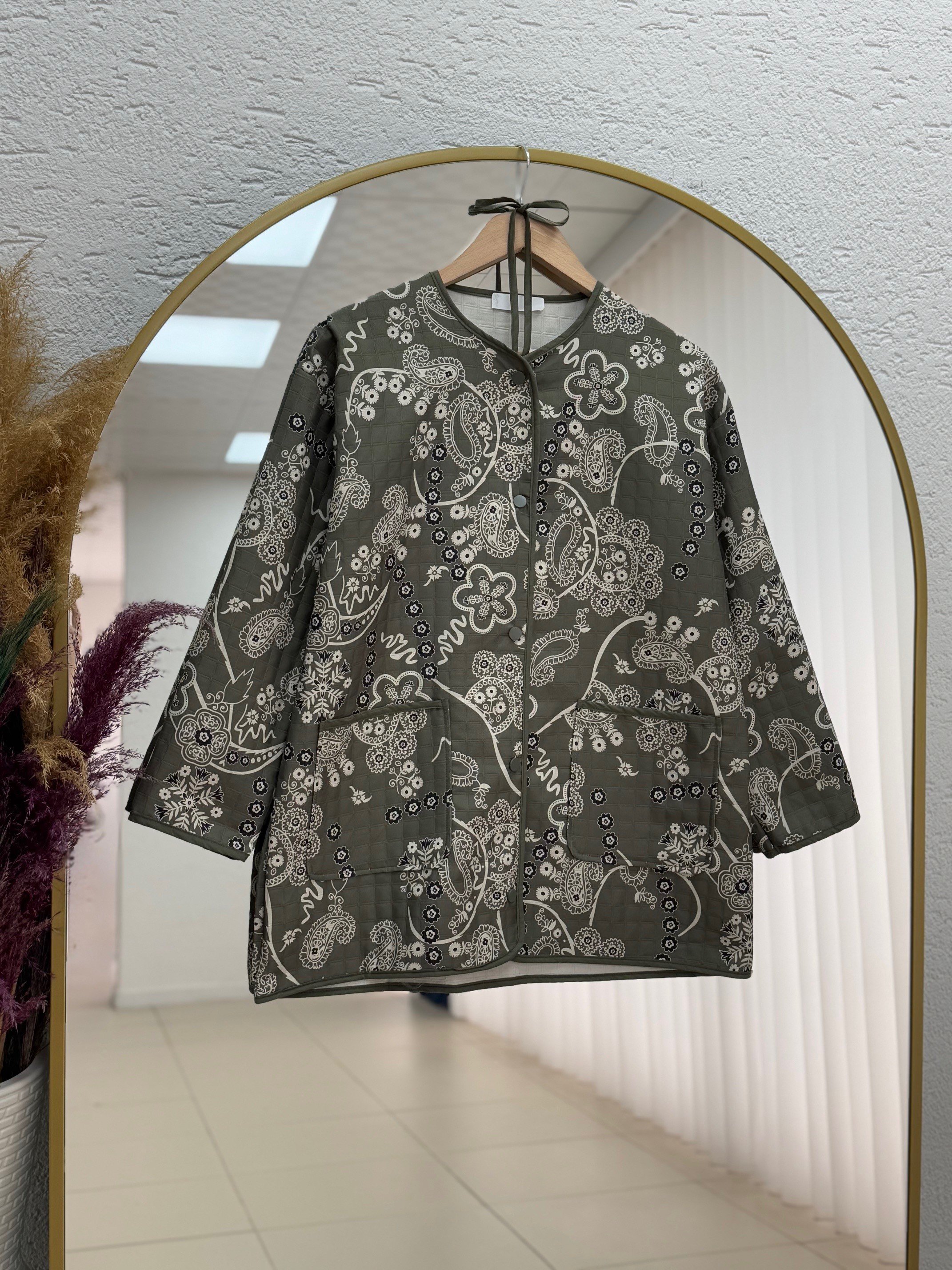 Mosina Etnik Desen Çift Cepli Kapitone Ceket-GS9950 Haki