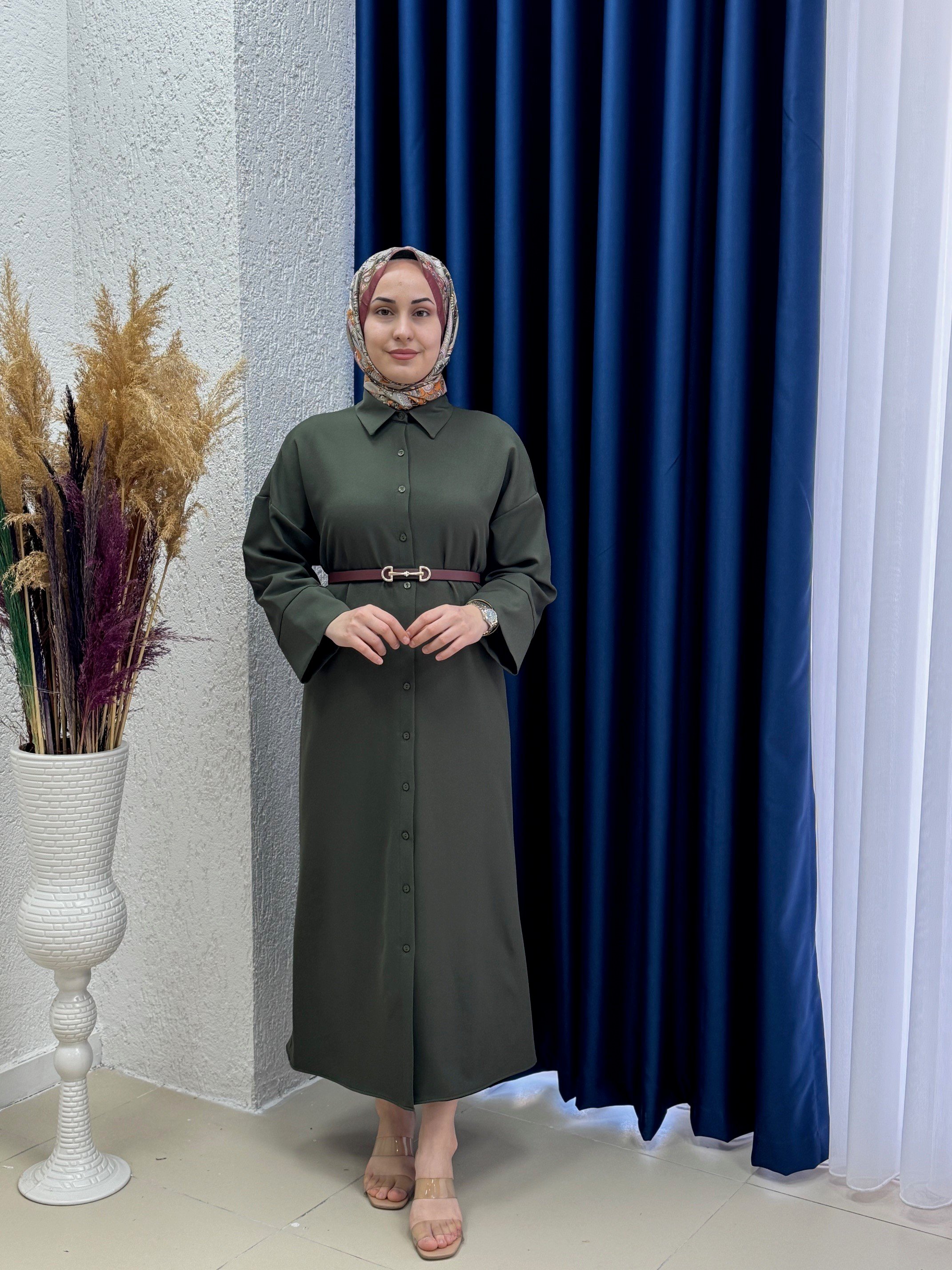 Nesrin Takma Manşet Dabıl Elbise-TN017 Haki