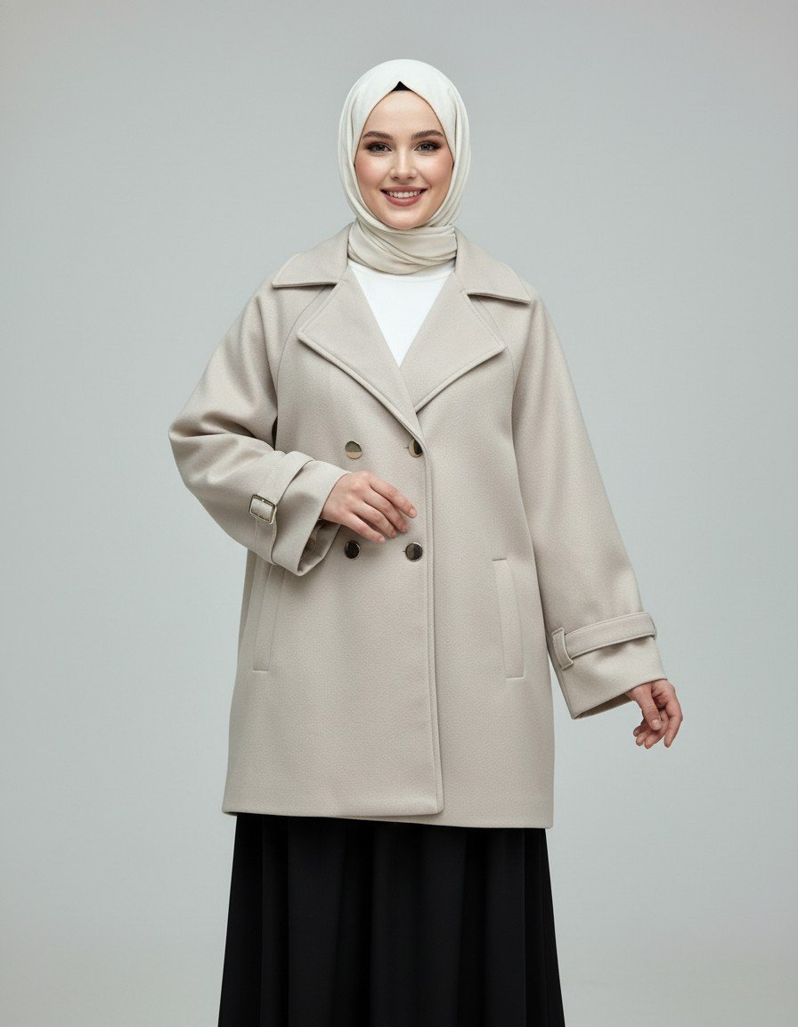 Nevuna Kolu Kemerli Metal Düğmeli Kısa Kaşe-Çİ921 Taş