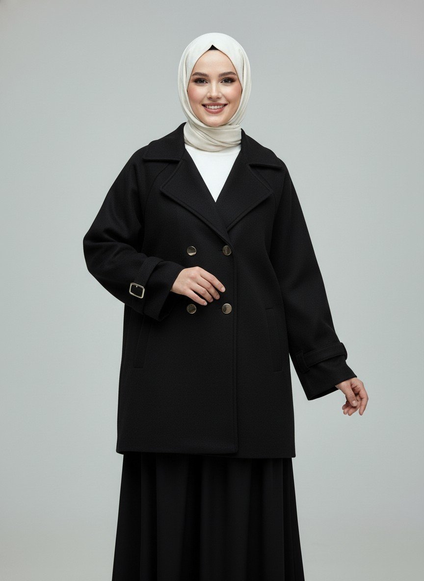 Nevuna Kolu Kemerli Metal Düğmeli Kısa Kaşe-Çİ921 Siyah