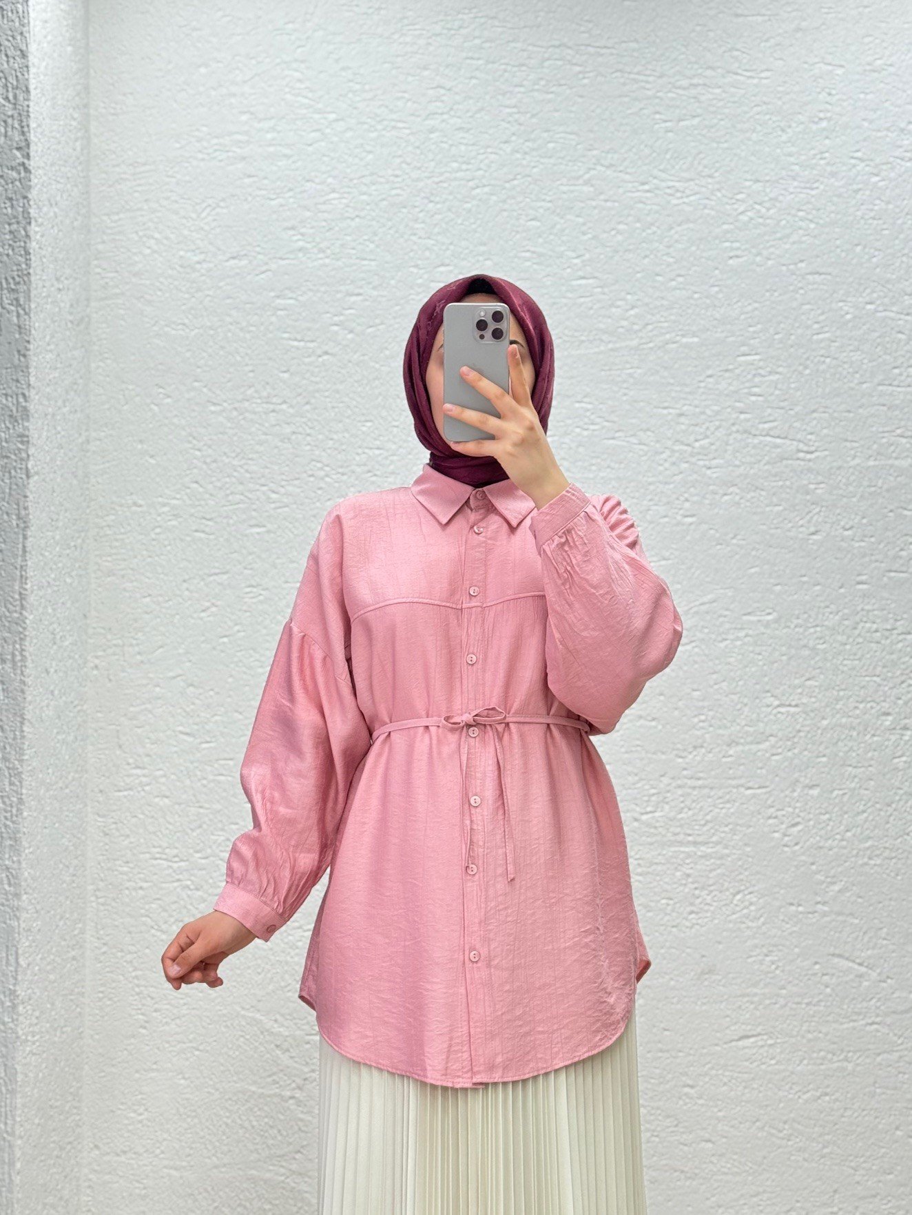 Nubona Önü Roba Detaylı Tunik-AS5897 Pembe