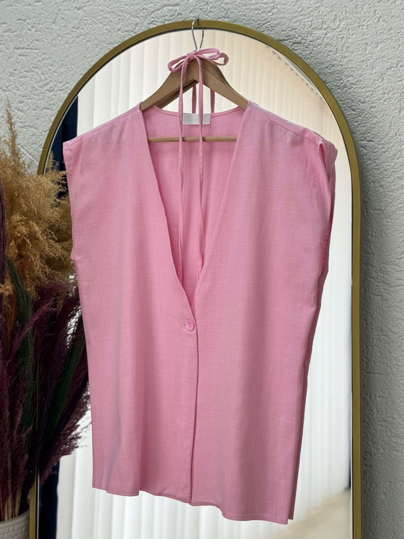 Nubonia Tek Düğmeli Keten Yelek-AS872 Pembe