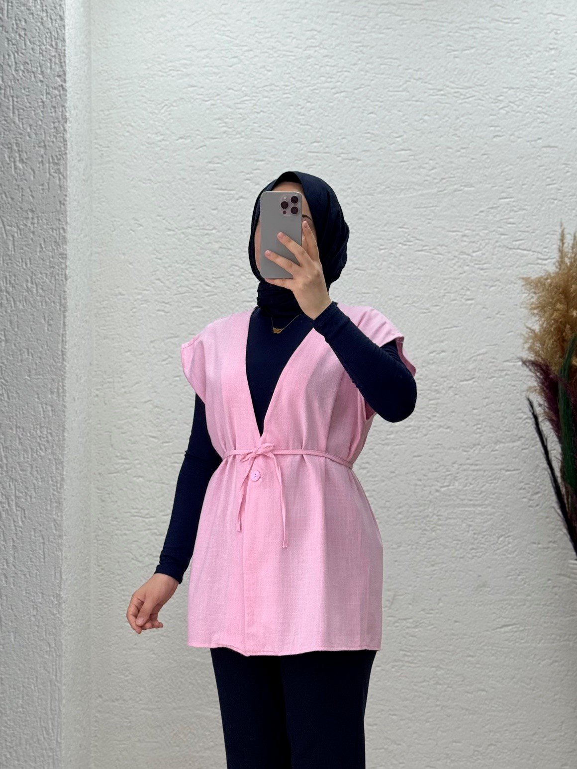 Nubonia Tek Düğmeli Keten Yelek-AS872 Pembe