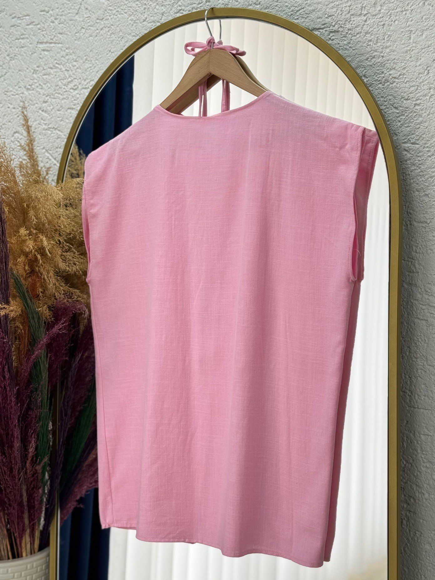 Nubonia Tek Düğmeli Keten Yelek-AS872 Pembe