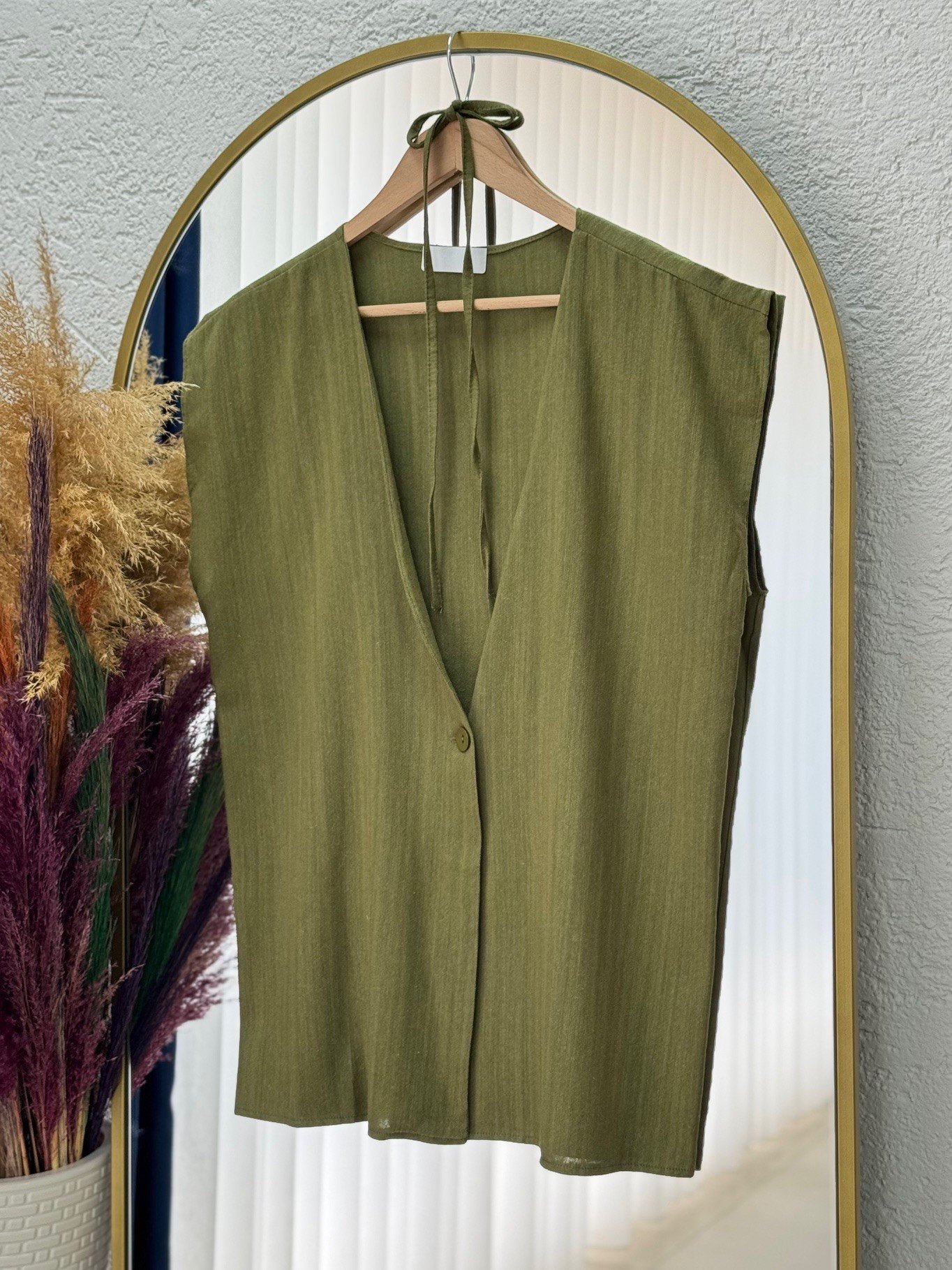 Nubonia Tek Düğmeli Keten Yelek-AS872 Haki