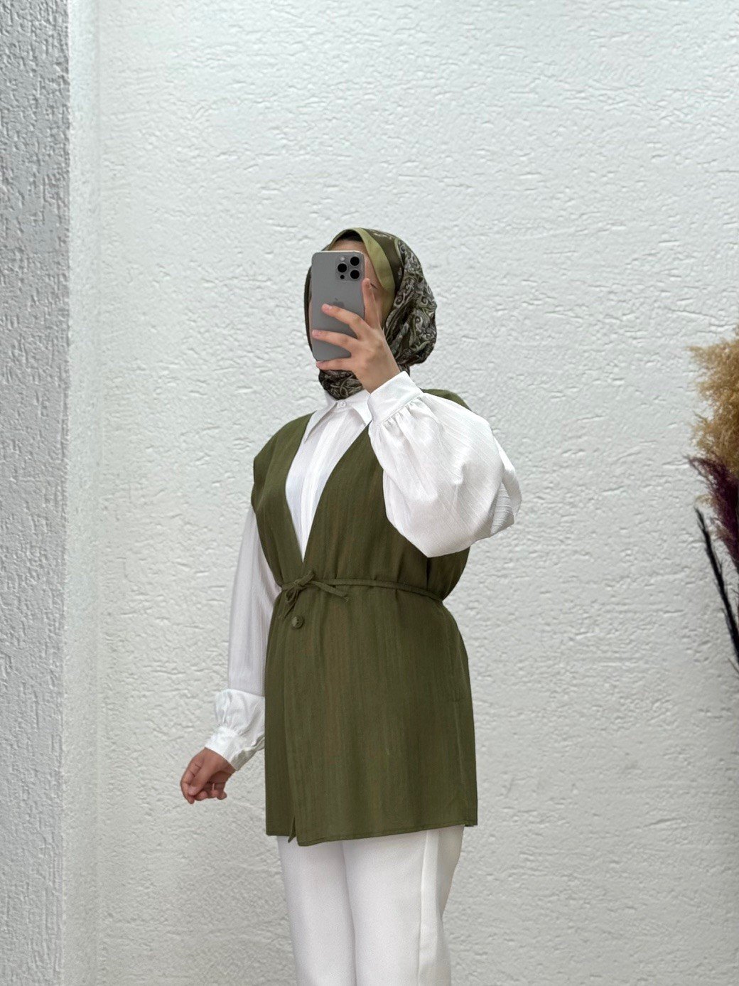 Nubonia Tek Düğmeli Keten Yelek-AS872 Haki