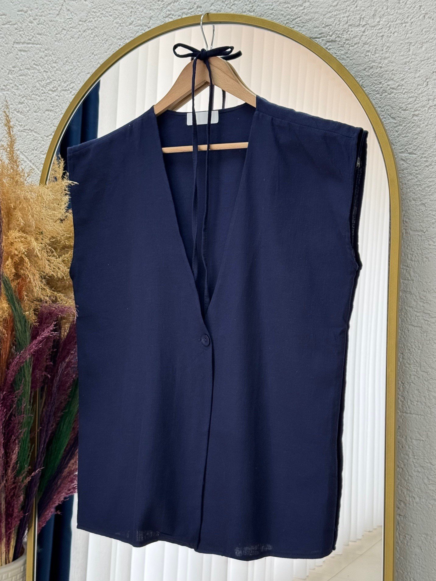 Nubonia Tek Düğmeli Keten Yelek-AS872 Lacivert