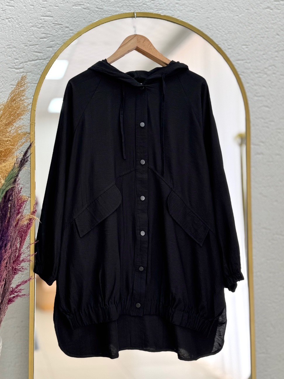 Olena Reglan Kollu Eteği Lastikli Tunik-EL1715 Siyah