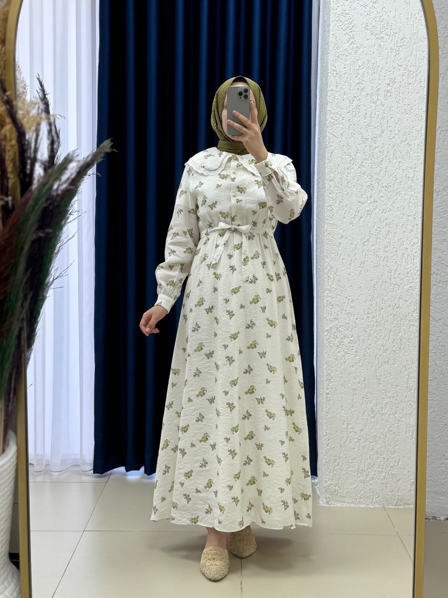 Oreledra Bebe Yaka Beli Lastikli Çiçekli Elbise-AY8650 Yağ Yeşili