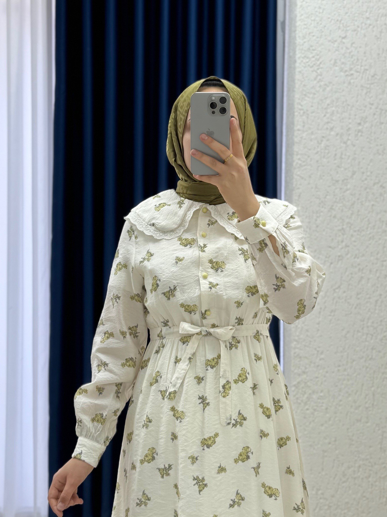 Oreledra Bebe Yaka Beli Lastikli Çiçekli Elbise-AY8650 Yağ Yeşili