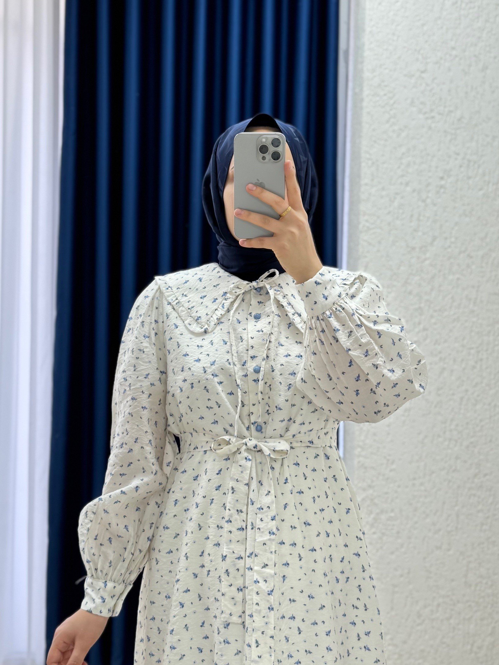 Orelesya Mini Çiçekli Bebe Yaka Yarım Patlı Elbise-AY8647 Mavi