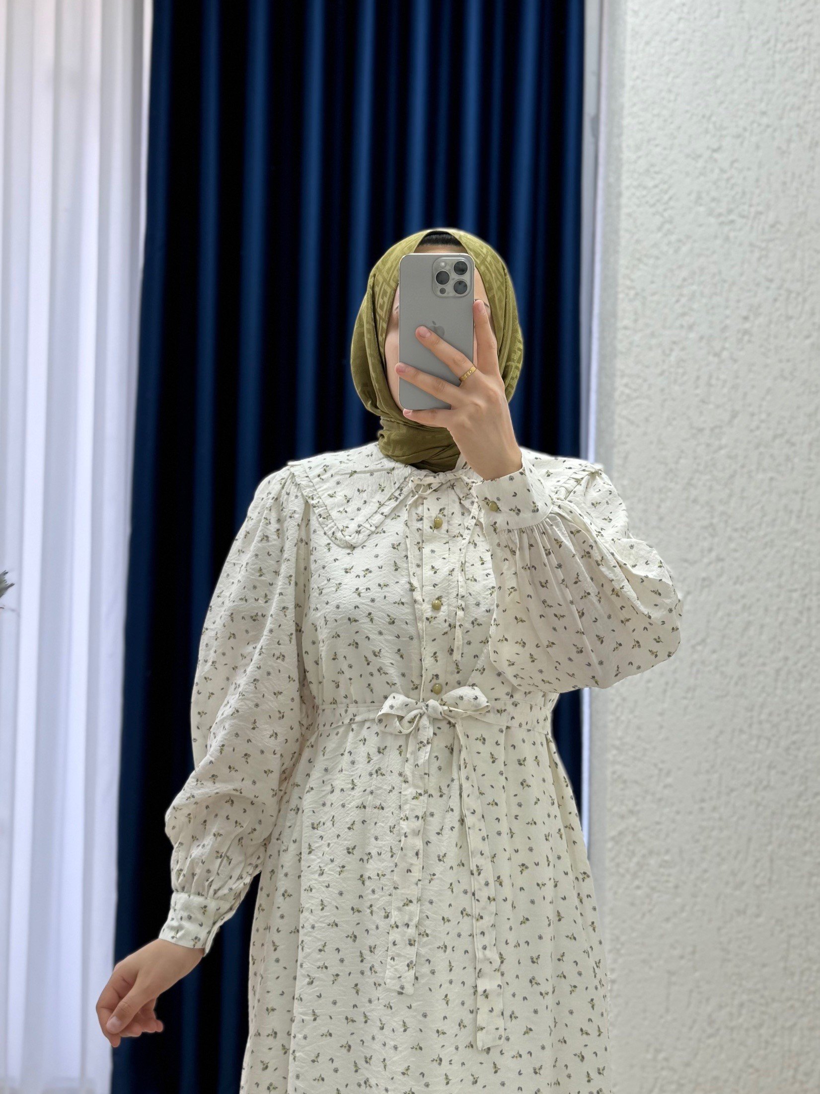 Orelesya Mini Çiçekli Bebe Yaka Yarım Patlı Elbise-AY8647 Yağ Yeşili