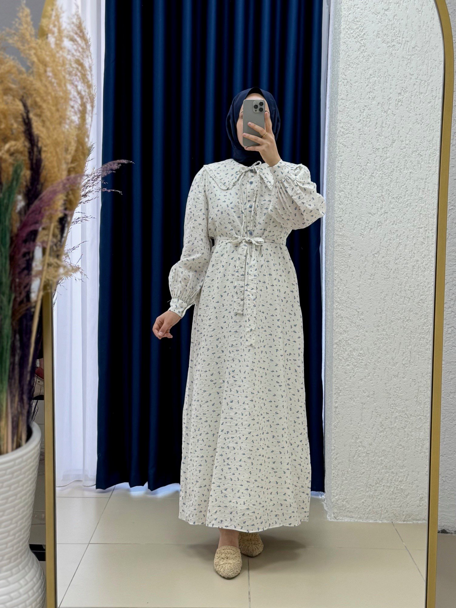 Orelesya Mini Çiçekli Bebe Yaka Yarım Patlı Elbise-AY8647 Mavi