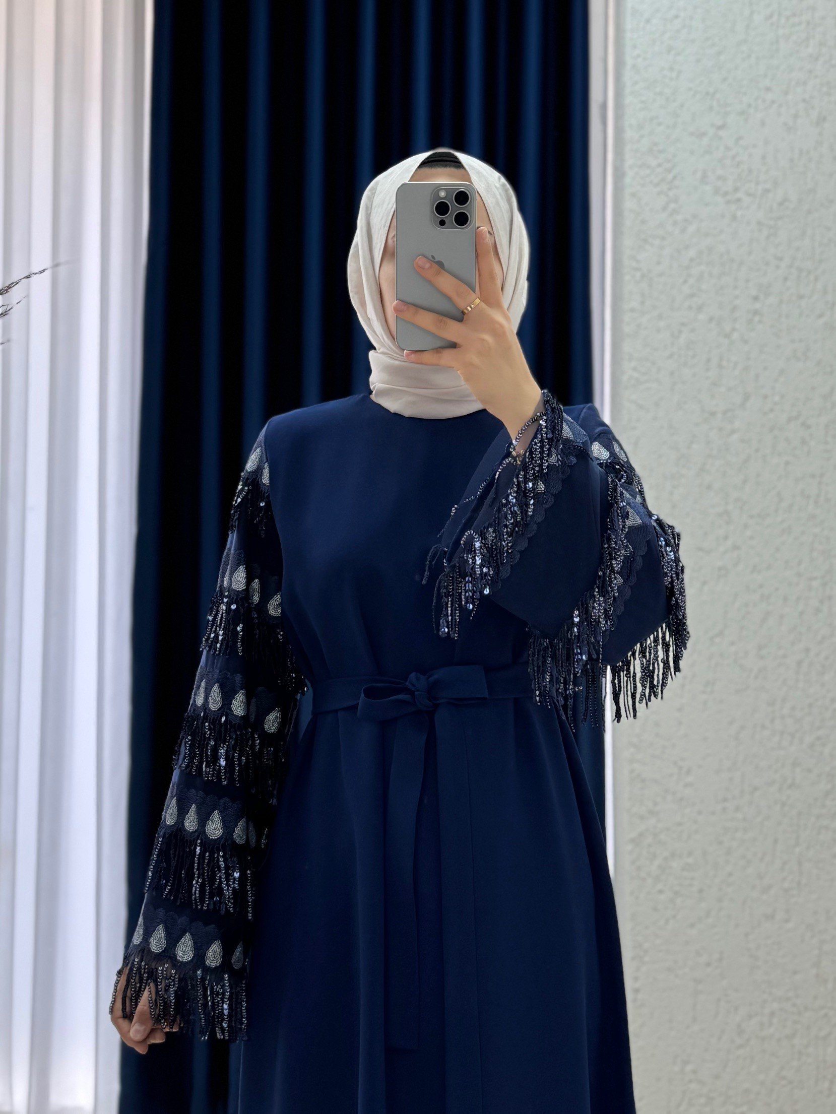 Orelilia Kolu Püsküllü Krep Elbise-PA9632 Lacivert