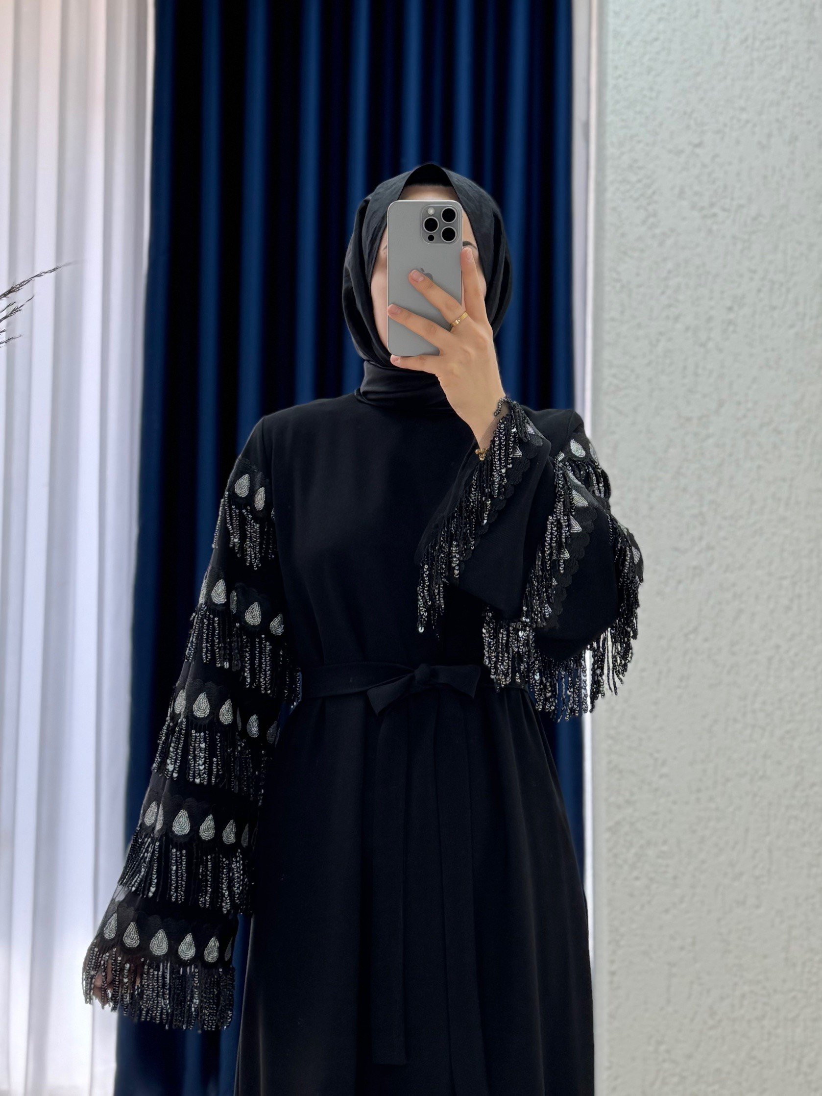 Orelilia Kolu Püsküllü Krep Elbise-PA9632 Siyah