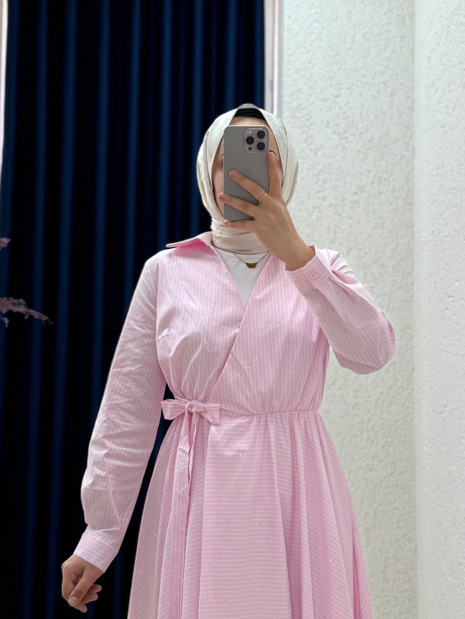 Ravuna Bağlamalı Çizgili Pırıltılı Elbise-BY91097 Pembe