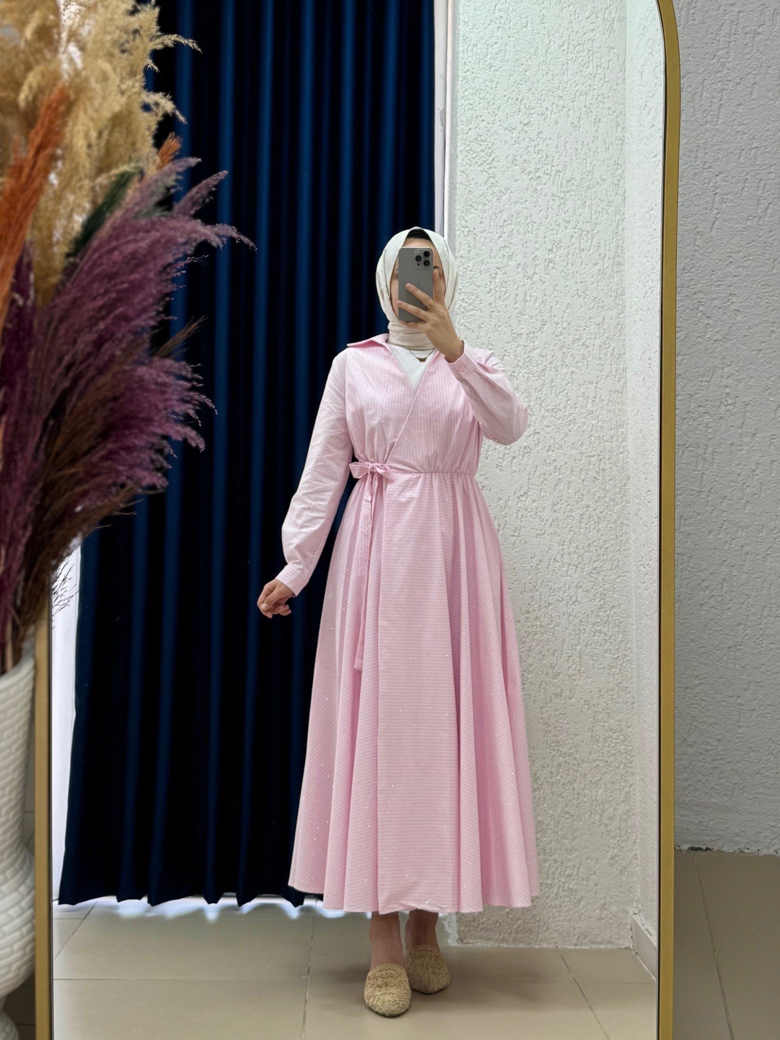 Ravuna Bağlamalı Çizgili Pırıltılı Elbise-BY91097 Pembe