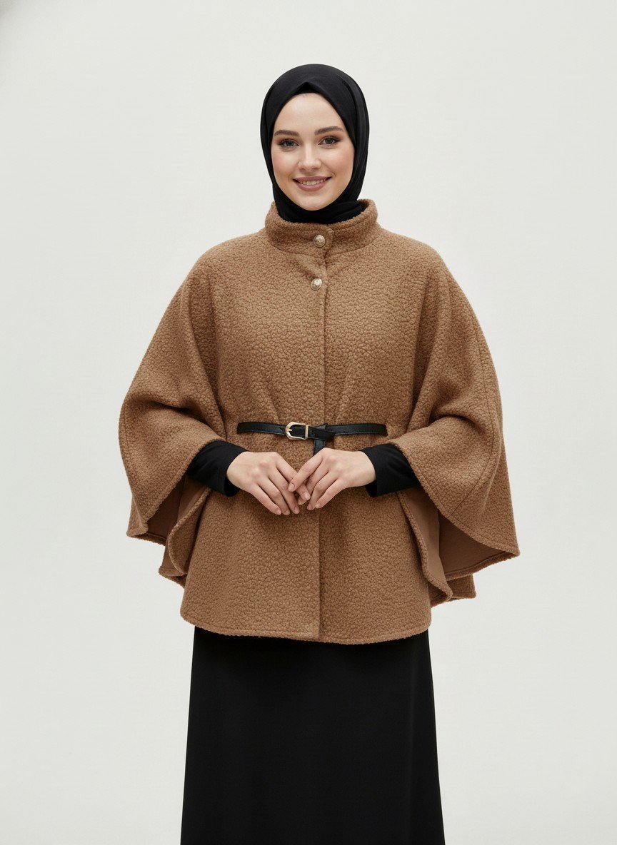 Sarina 2 Gold Düğmeli Buklet Panço-FS7555 Açık Kahve