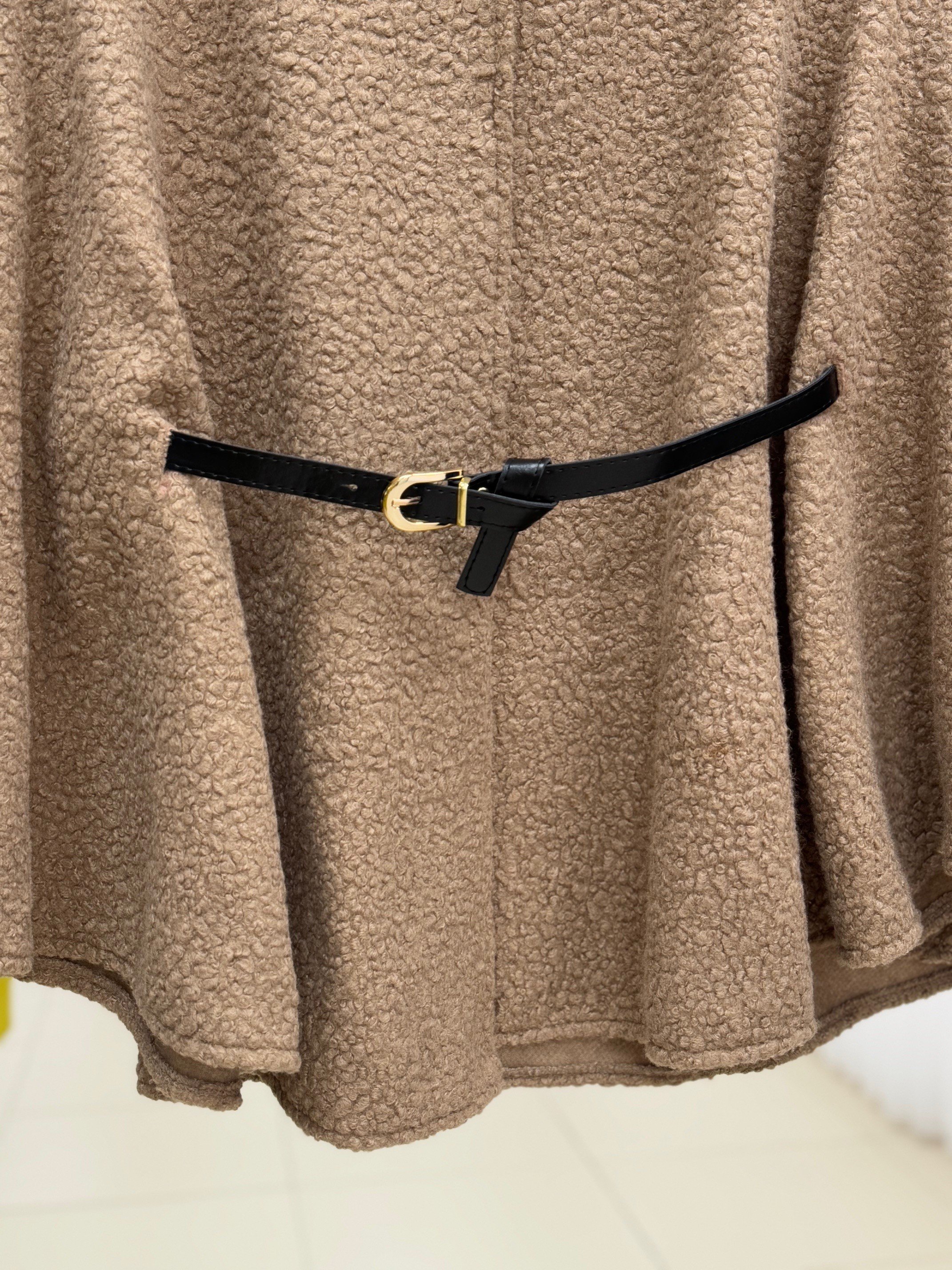 Sarina 2 Gold Düğmeli Buklet Panço-FS7555 Açık Kahve