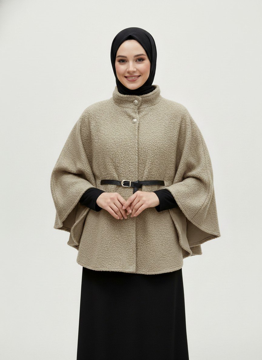 Sarina 2 Gold Düğmeli Buklet Panço-FS7555 Vizon