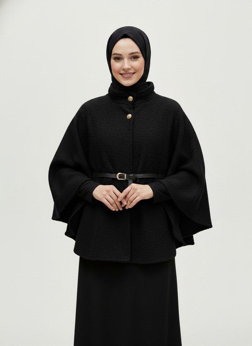 Sarina 2 Gold Düğmeli Buklet Panço-FS7555 Siyah
