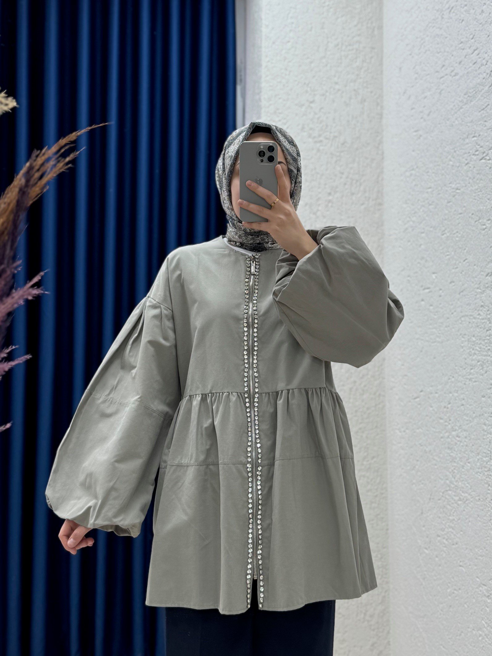 Serenya Taş Detaylı Fermuarlı Ceket-Çİ474 Mint