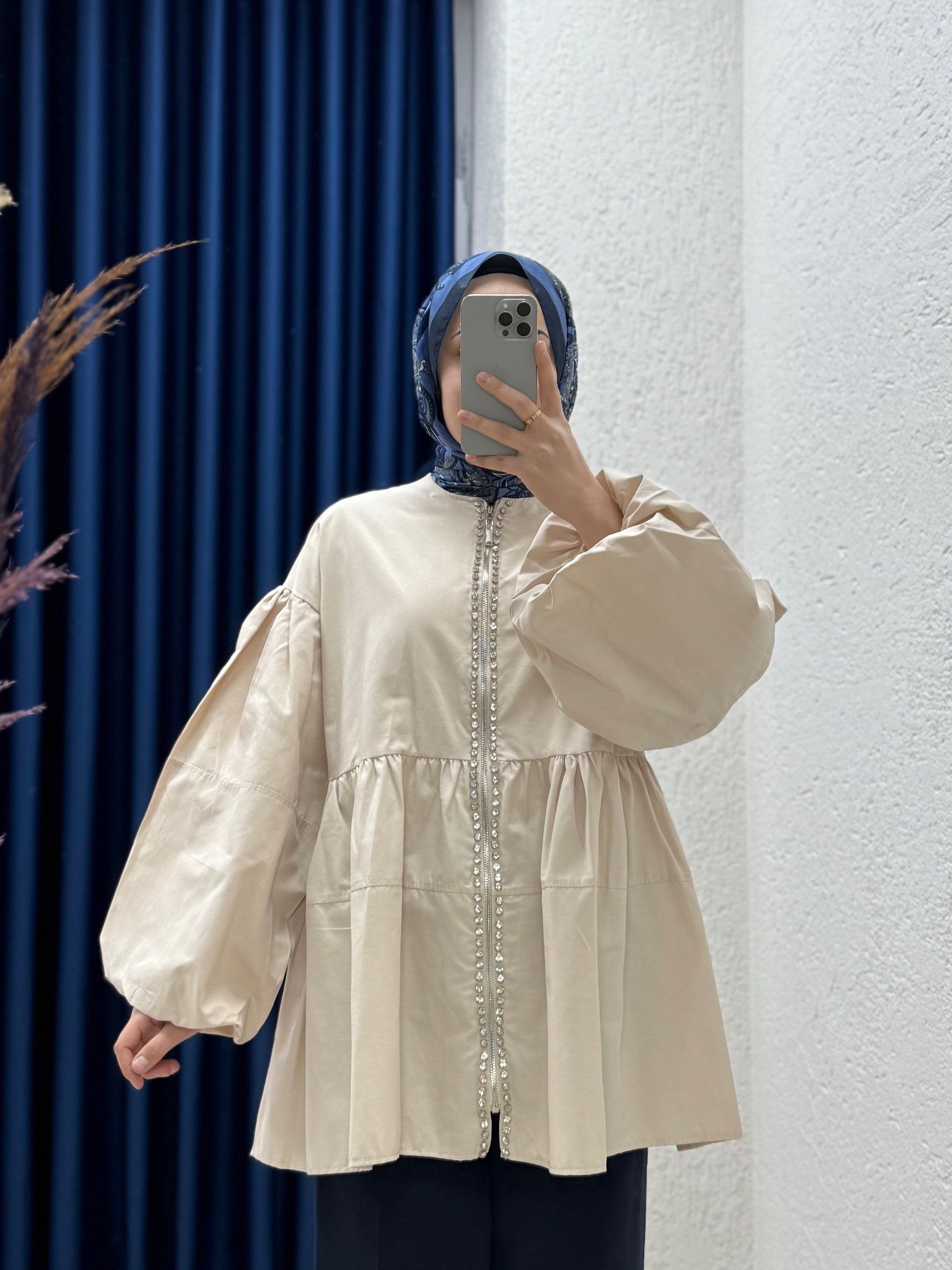 Serenya Taş Detaylı Fermuarlı Ceket-Çİ474 Taş