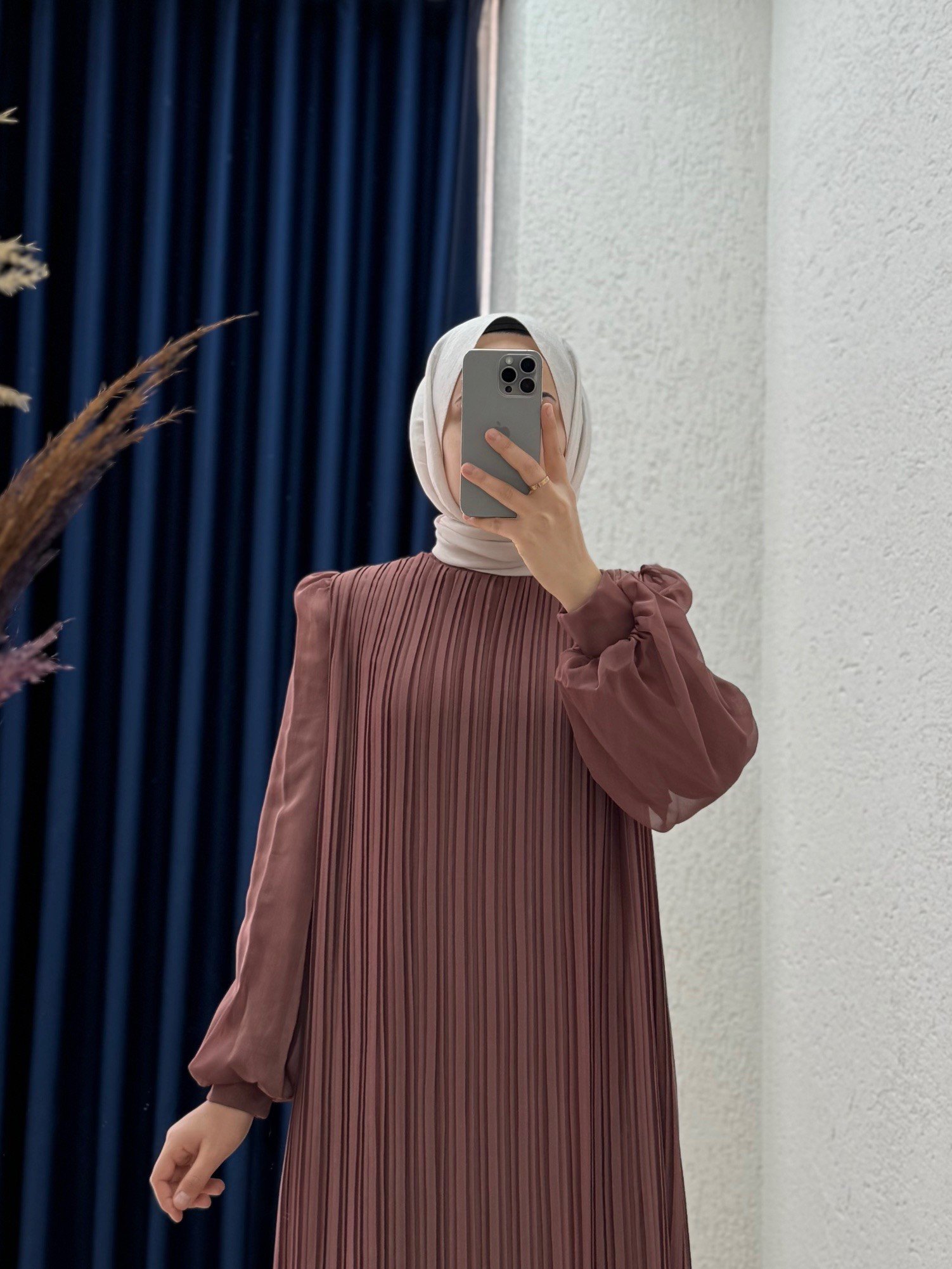 Seresia Balon Kol Piliseli Şifon Elbise-PA9390 Kahve